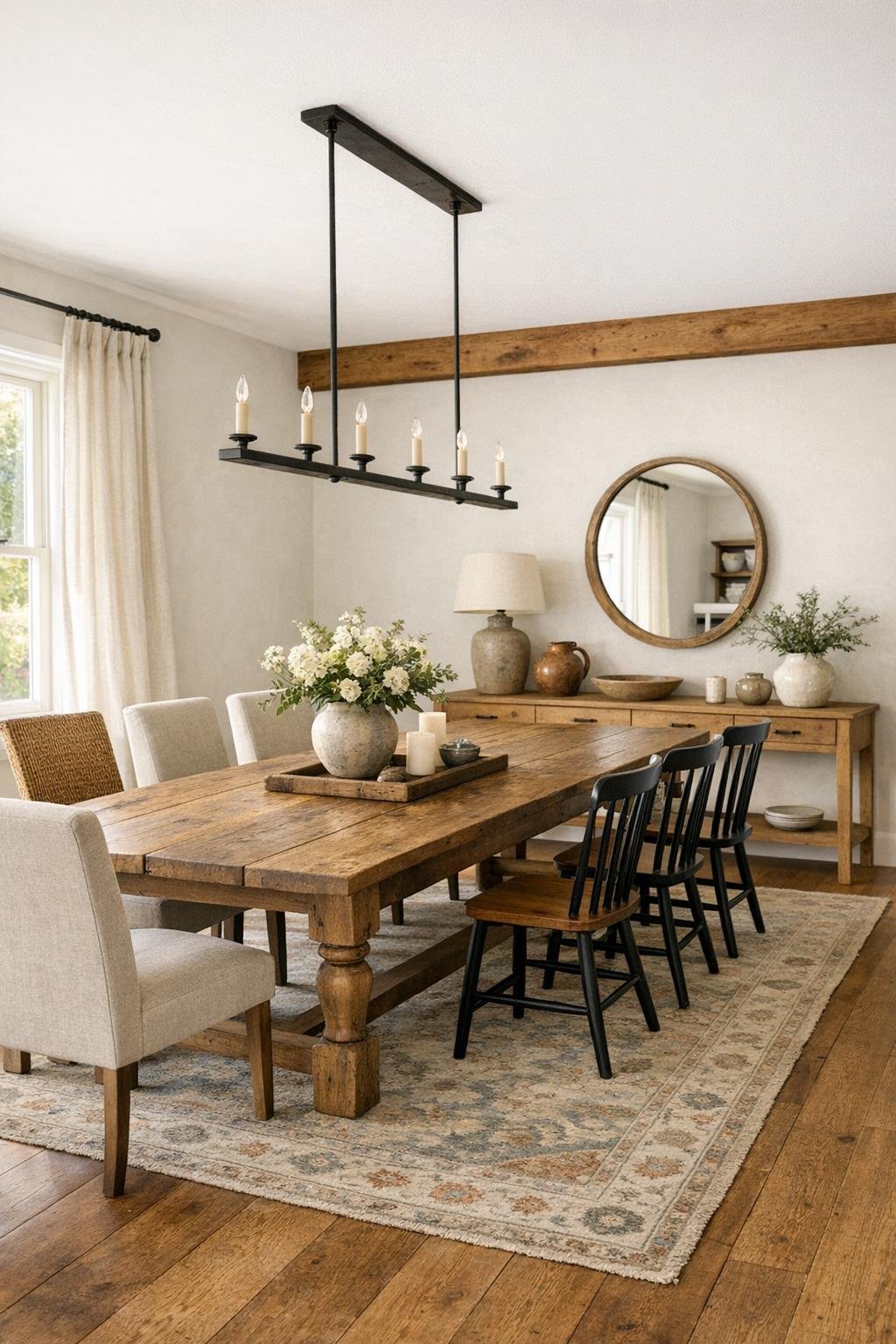 Simple farmhouse dining room with a long wood table, mixed chairs, and soft neutral finishes