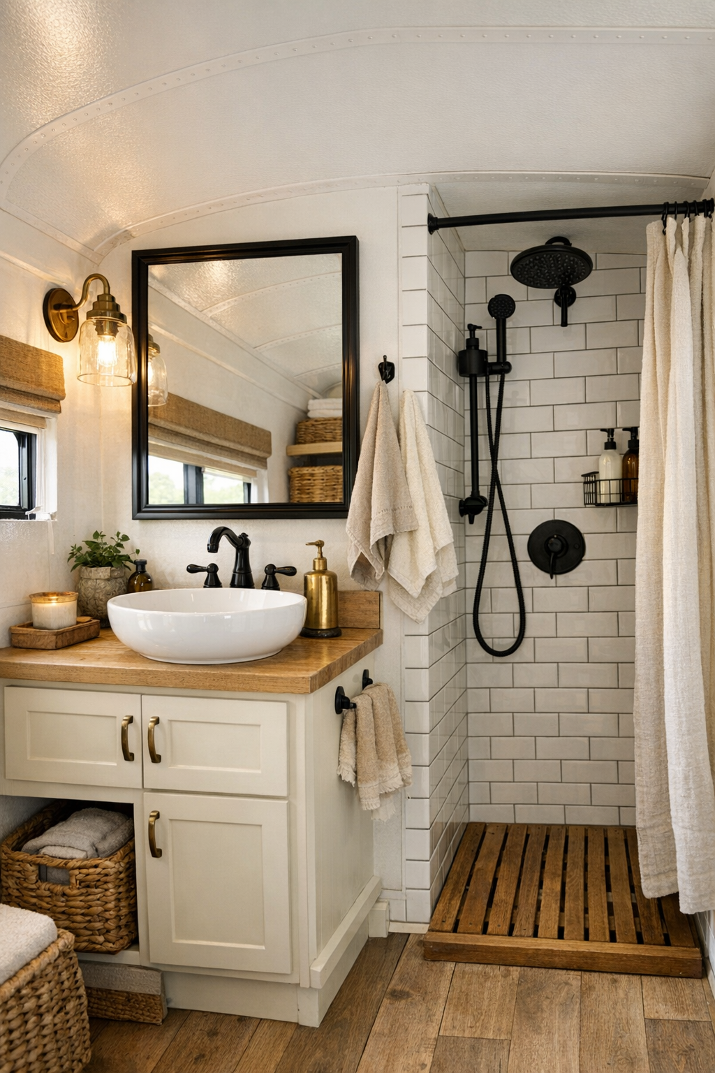 Charming bus bathroom with cream vanity, white tile, and rustic textures