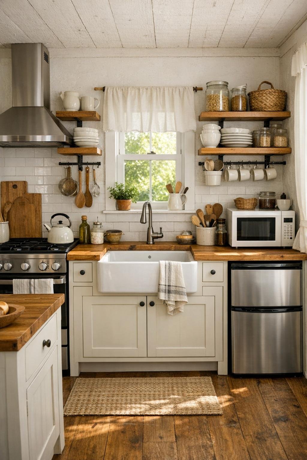 Tiny farmhouse kitchen with butcher block counters and open shelves