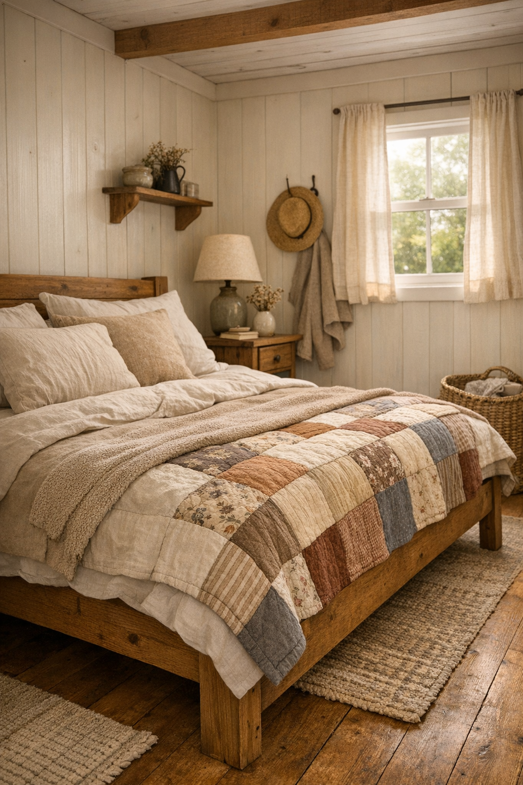 Serene bedroom with a simple wood bed, quilted bedding, and soft paneled walls