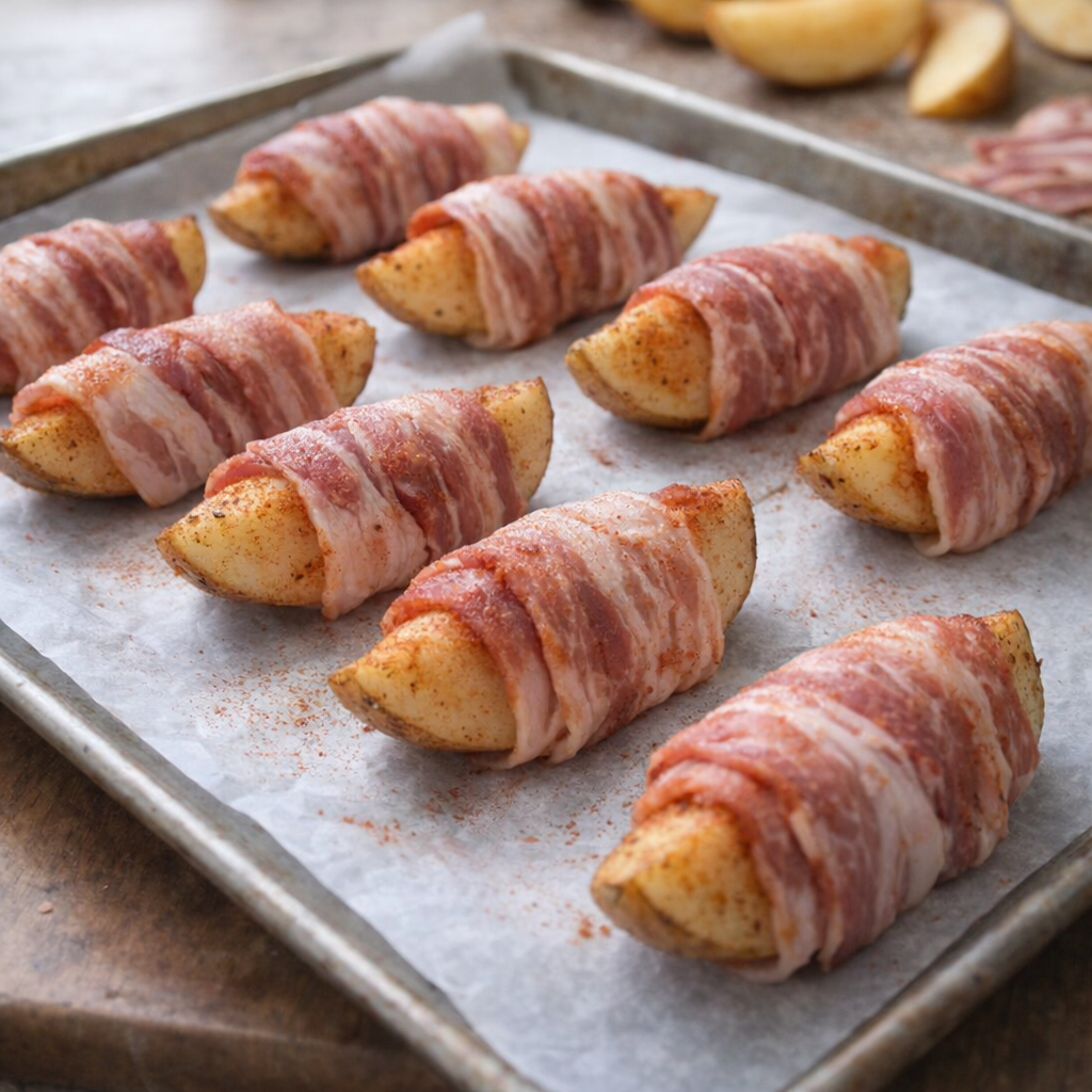 Bacon wrapped potato wedges arranged on a sheet pan