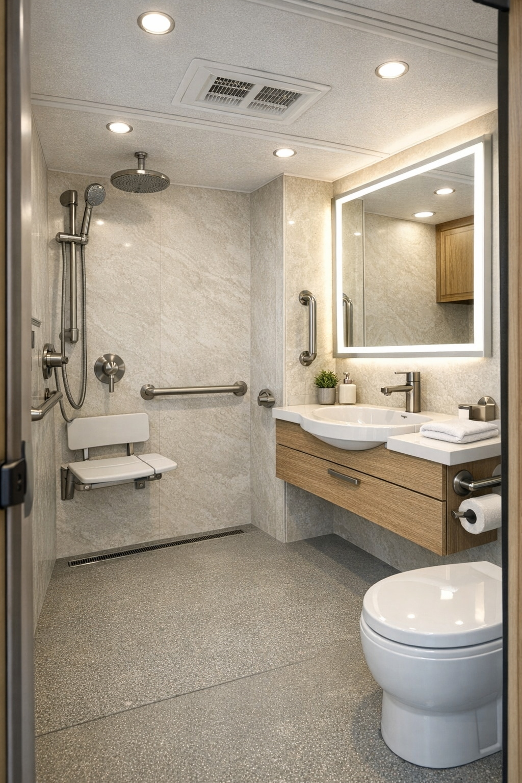 Accessible RV bathroom with curbless shower, floating vanity, and creamy stone finishes
