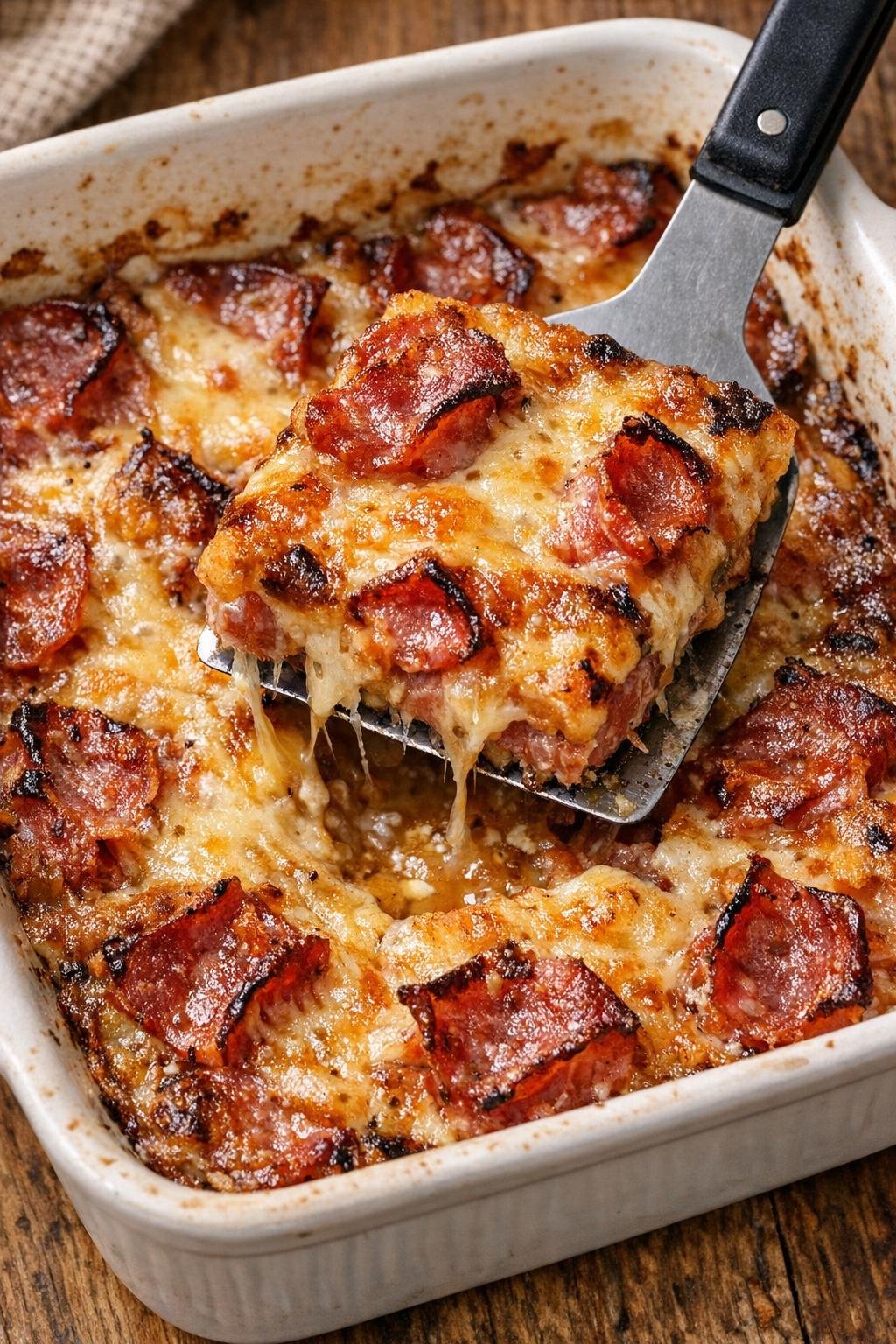 Low carb 4-ingredient salami clarendon bakes in casserole dish