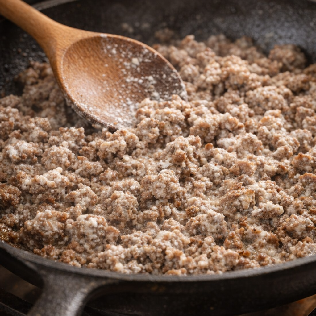 Browned ground beef coated with flour in a skillet