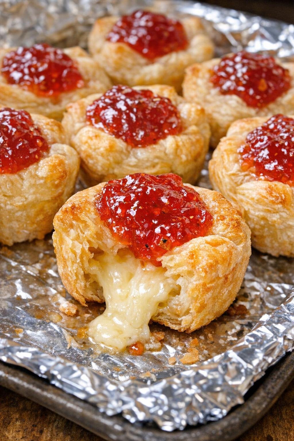 Flaky golden pastry cups topped with red jelly on a baking tray