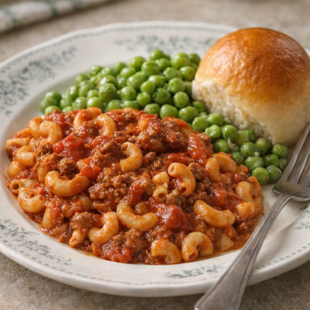 Homestyle supper plate with goulash, buttered peas, and a dinner roll