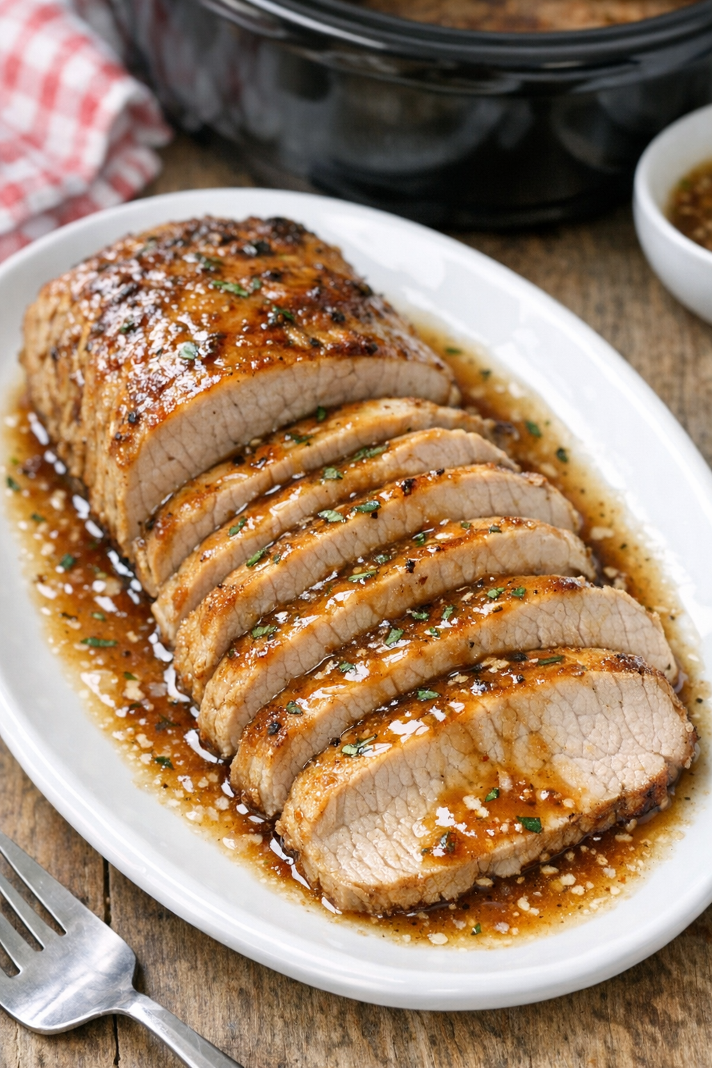 Finished sliced pork loin on a serving platter