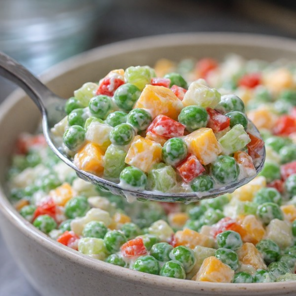 Serving spoon lifting creamy pea salad from chilled bowl
