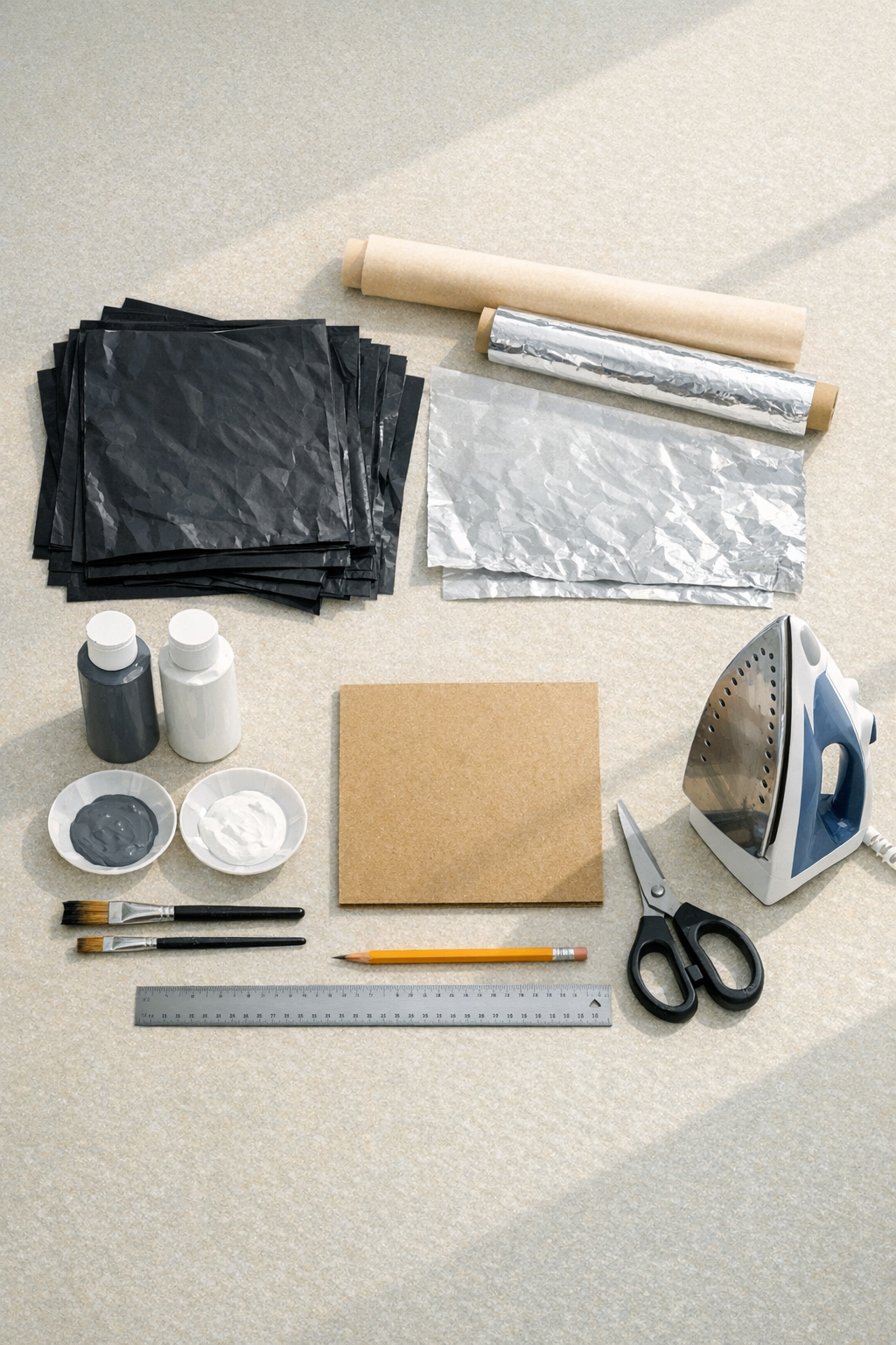 Materials for making faux slate patio tiles laid out on a table