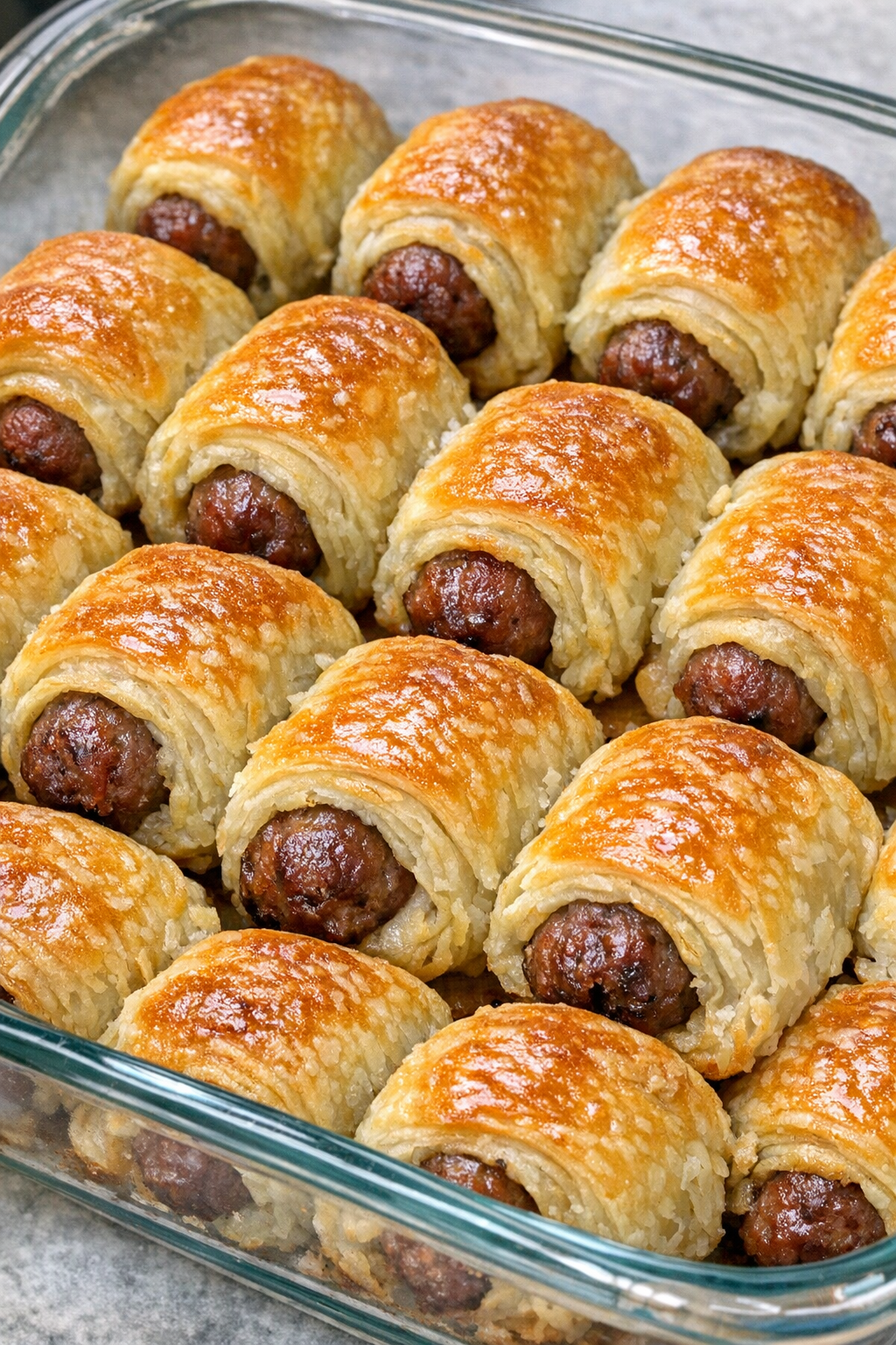 Golden beef sausage rolls in a glass baking dish
