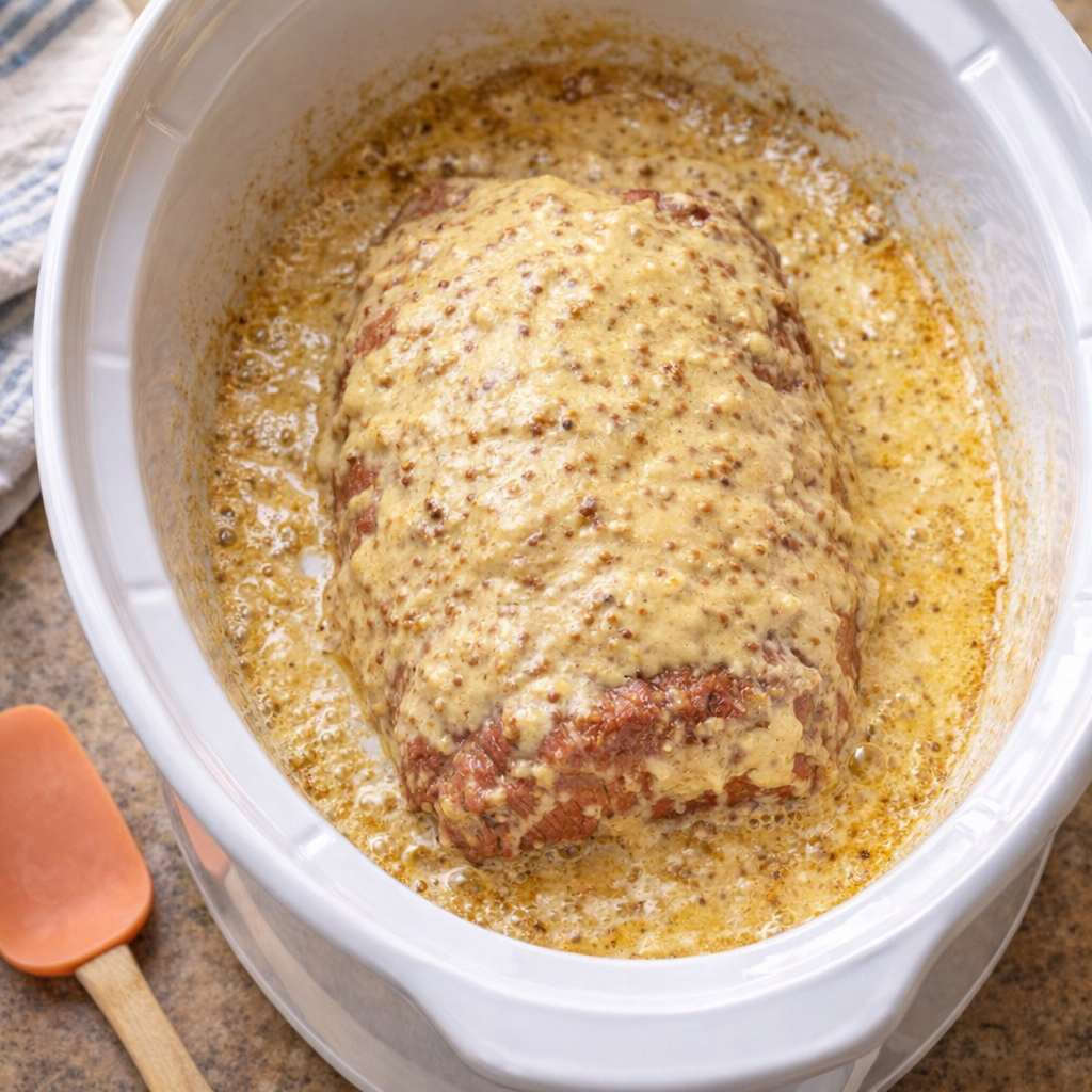 Slow cooker corned beef in creamy mustard sauce