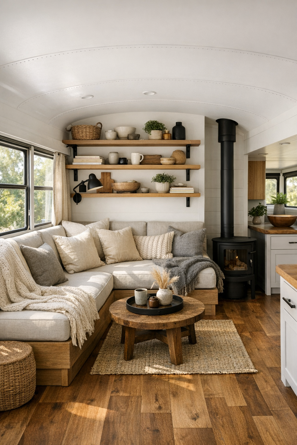Cozy bus living room with built-in linen bench seating and warm wood finishes