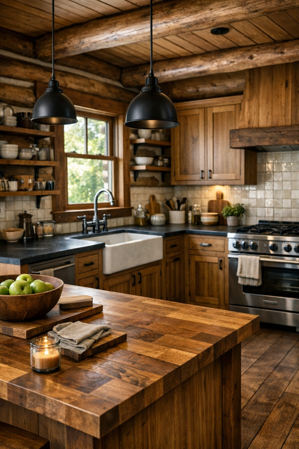 Handcrafted log home kitchen with wood cabinetry, a butcher-block island, and soapstone counters