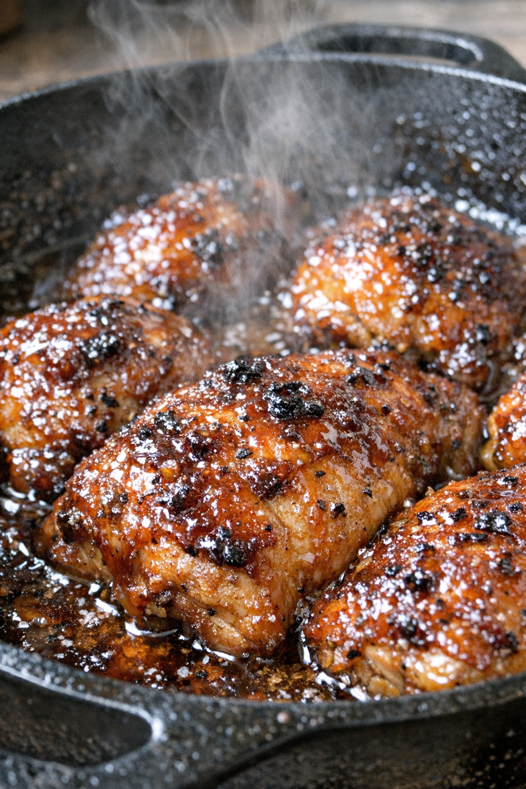 Roasted glazed protein in a cast iron pan