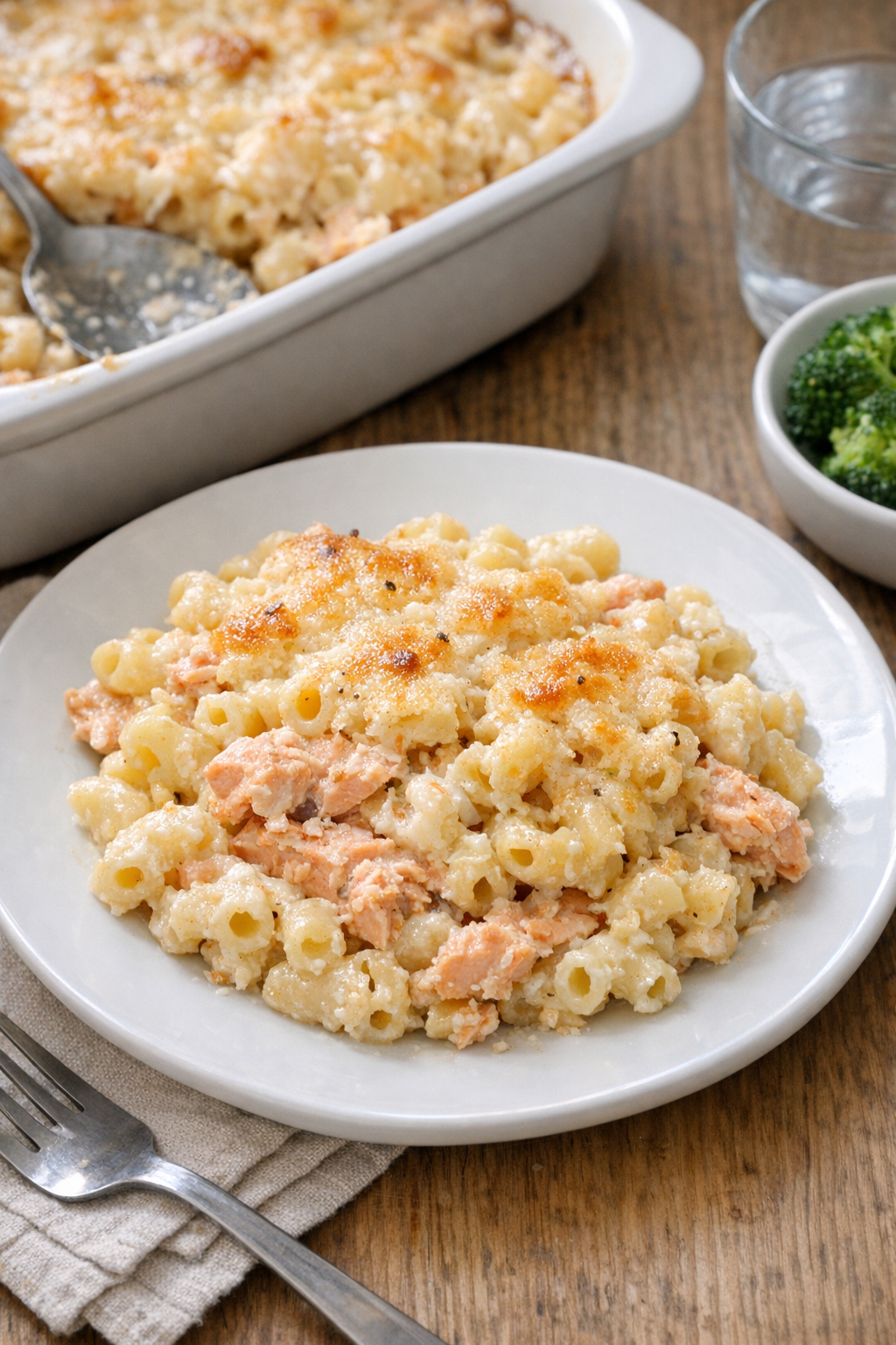 Finished baked salmon macaroni casserole