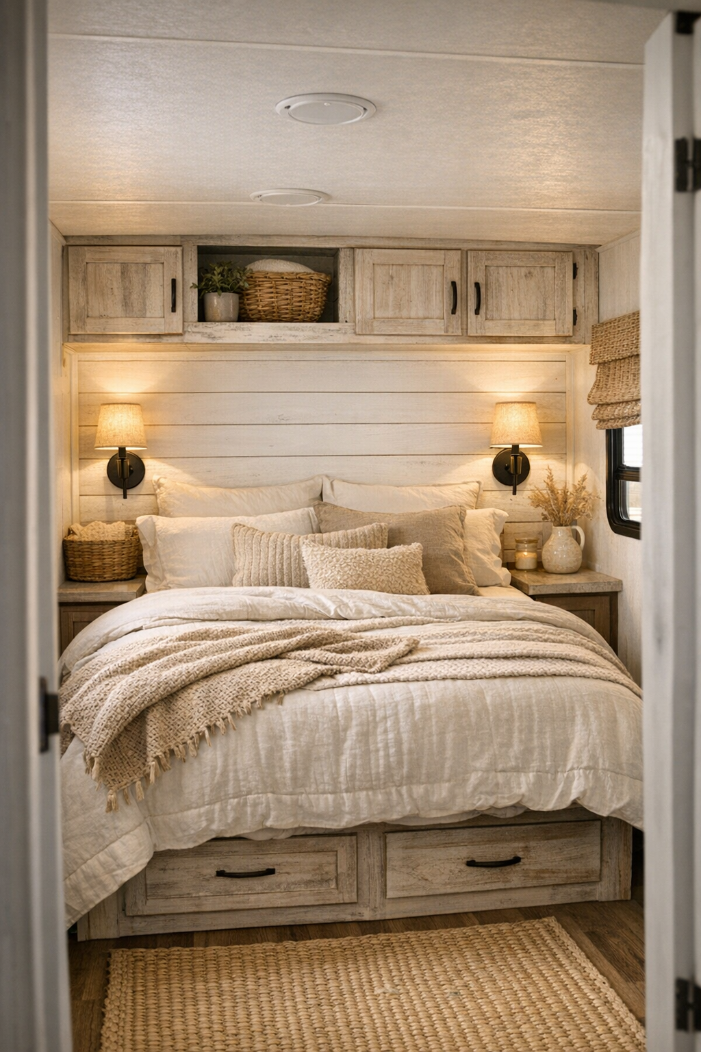 Serene farmhouse bedroom with layered neutral bedding and shiplap wall