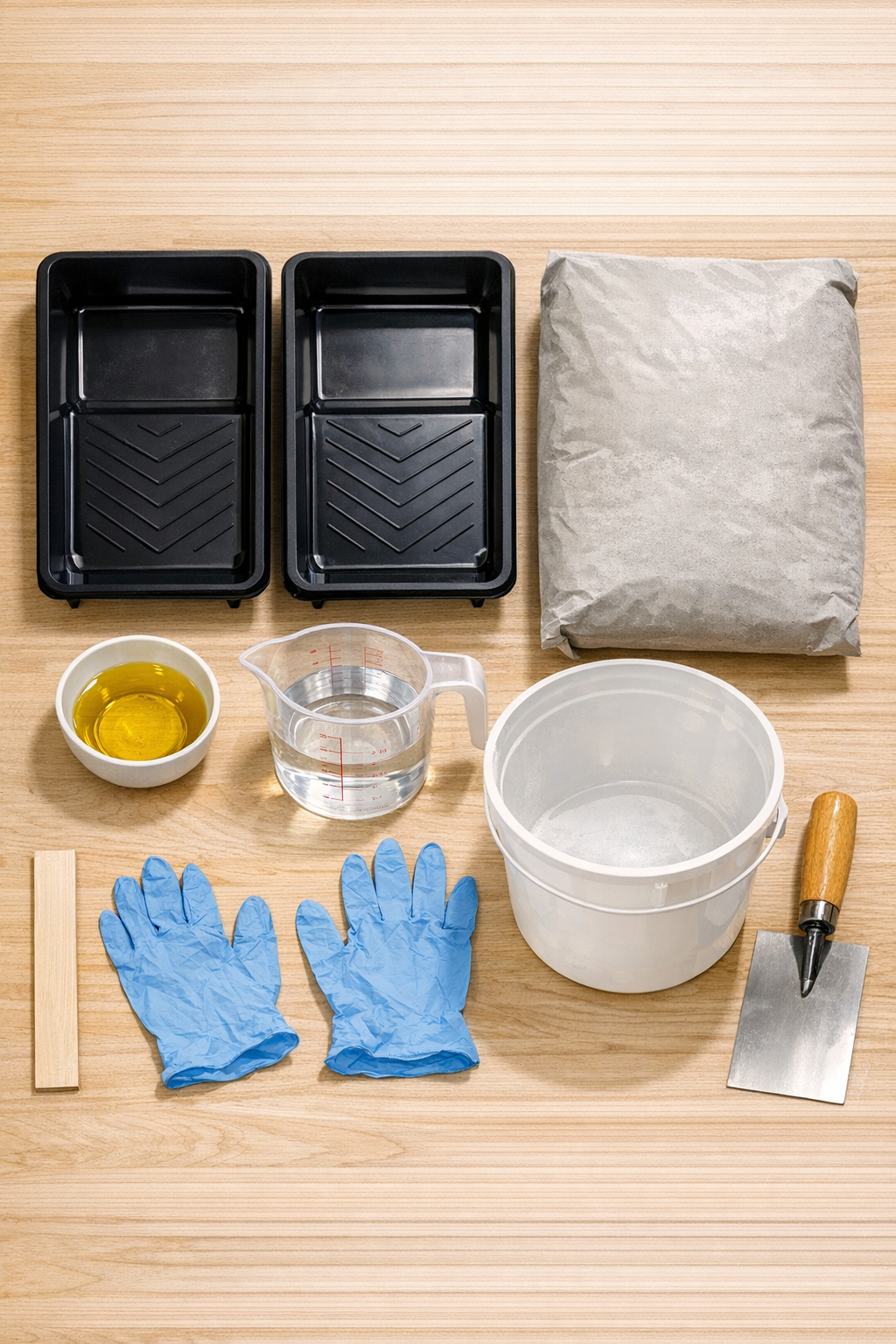 Materials for making ribbed concrete wedge slabs laid out on a work surface