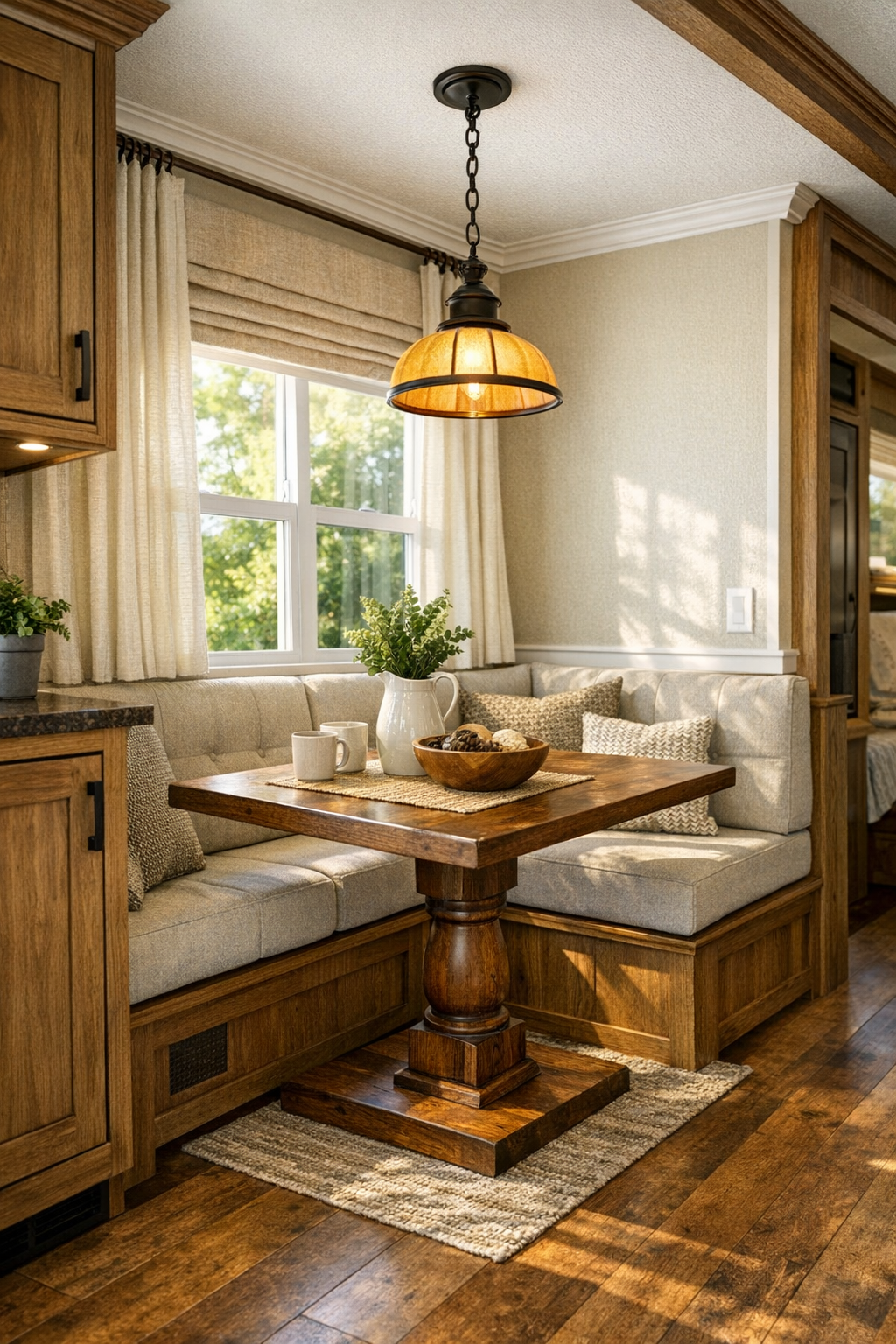 Cozy craftsman dining nook with built-in banquette, wood pedestal table, and warm pendant light