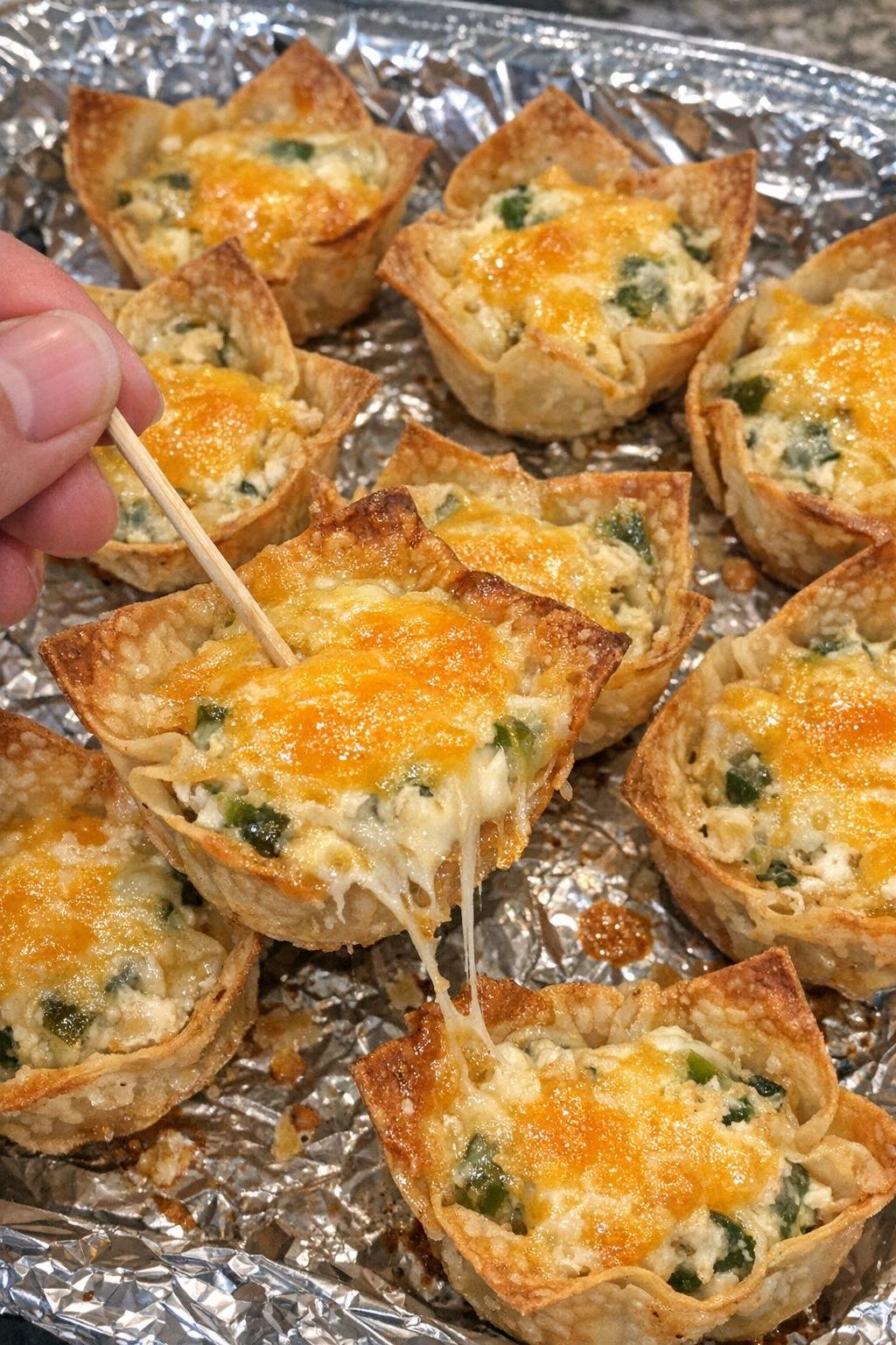 Crispy wonton cups filled with jalapeno cream cheese and cheddar on a foil-lined platter