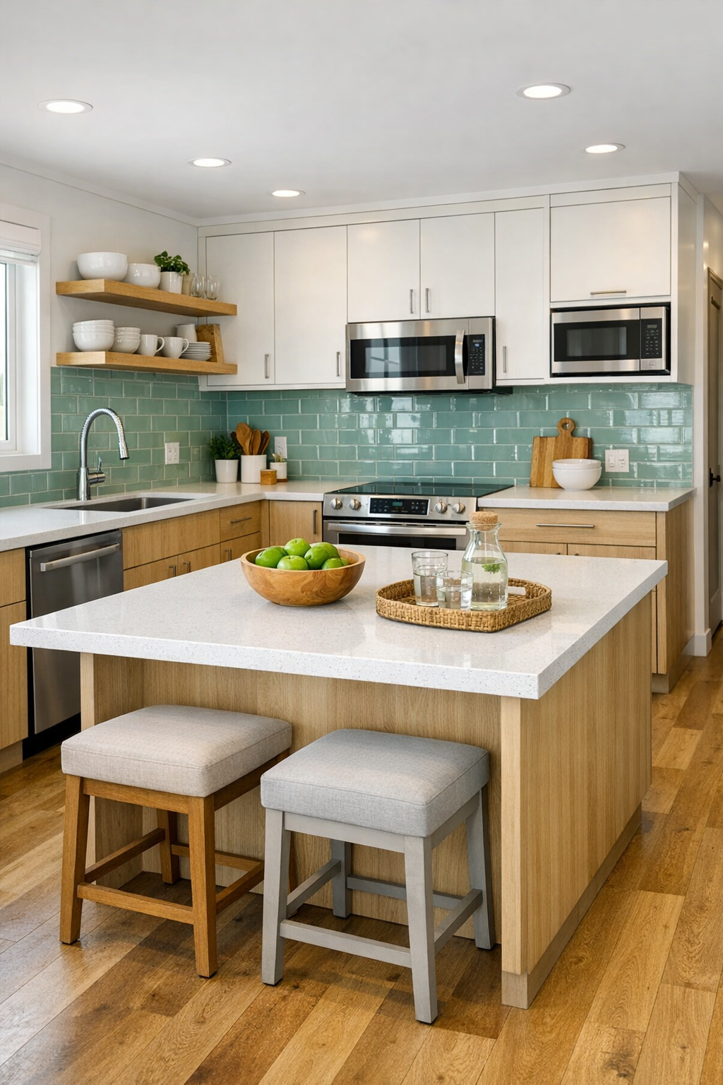 Accessible modern kitchen with pale oak cabinetry, white quartz, and seafoam tile backsplash