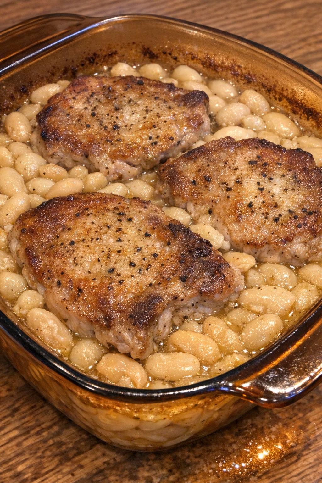 Golden browned pork chops with butter beans in a vintage amber Pyrex dish