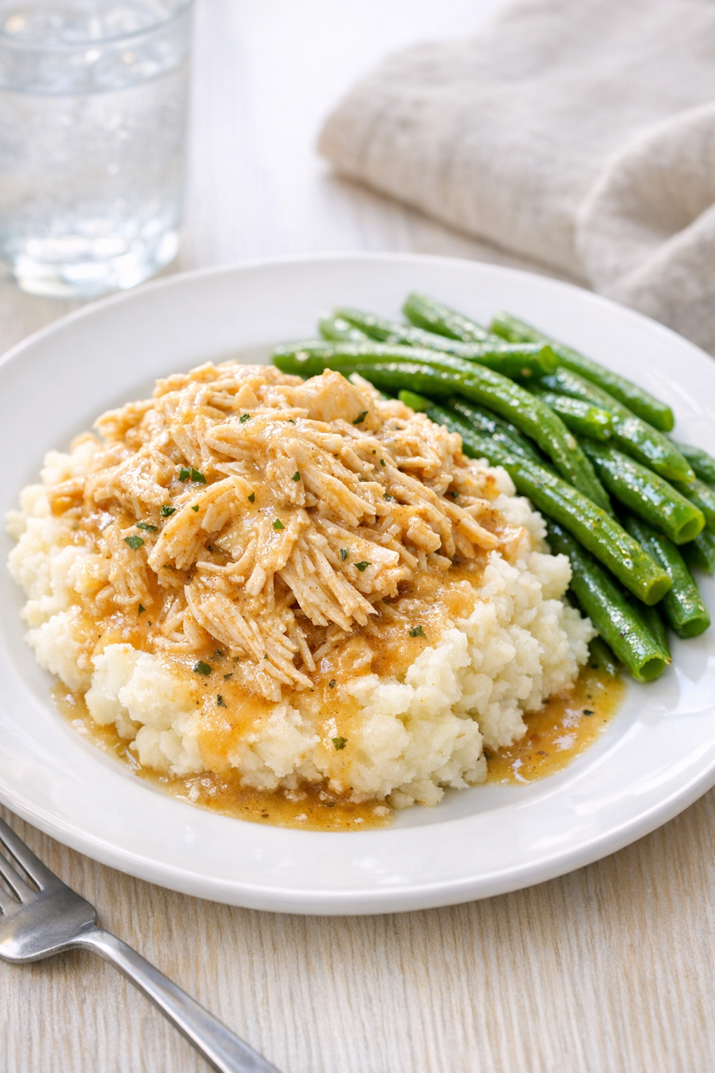 Plated slow cooker chicken dinner with sides