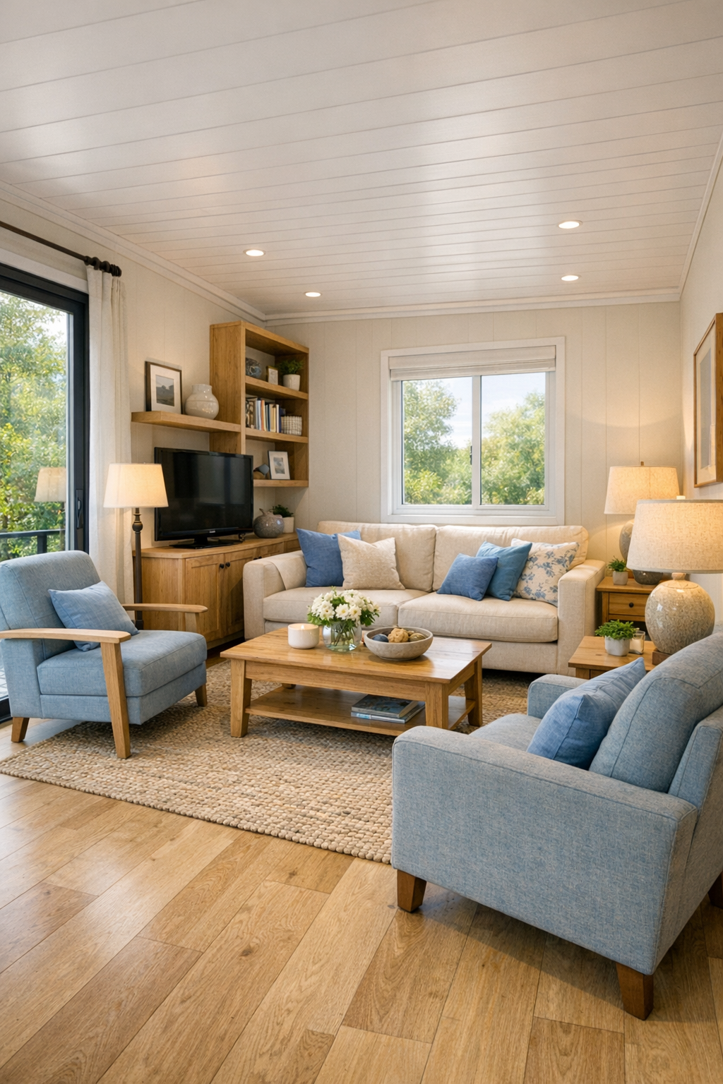 Bright living room with pale oak floors, soft blue accents, and comfortable seating