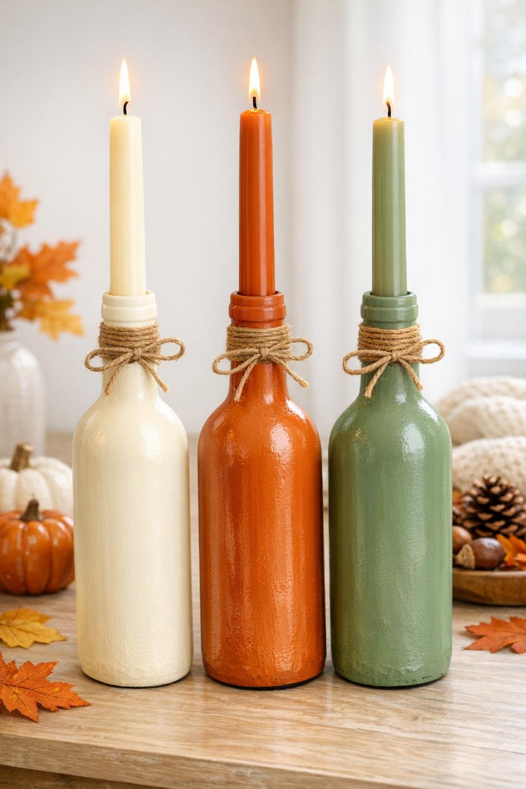 Finished fall candle holders made from painted wine bottles