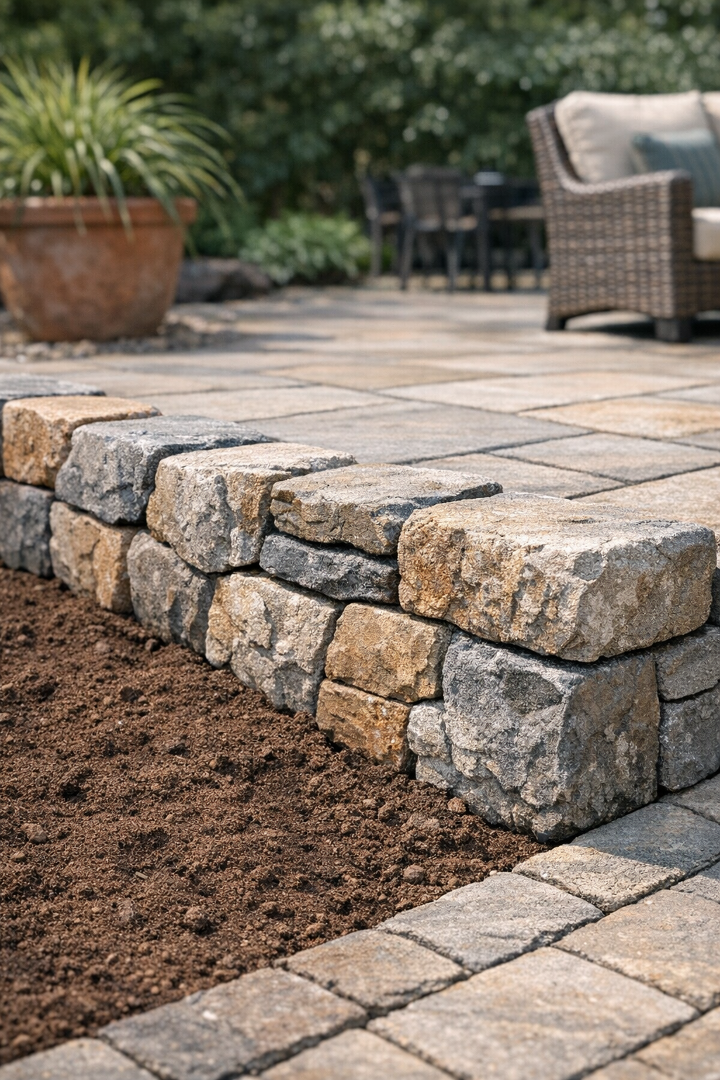 Finished faux stone patio edging made from recycled Styrofoam coolers