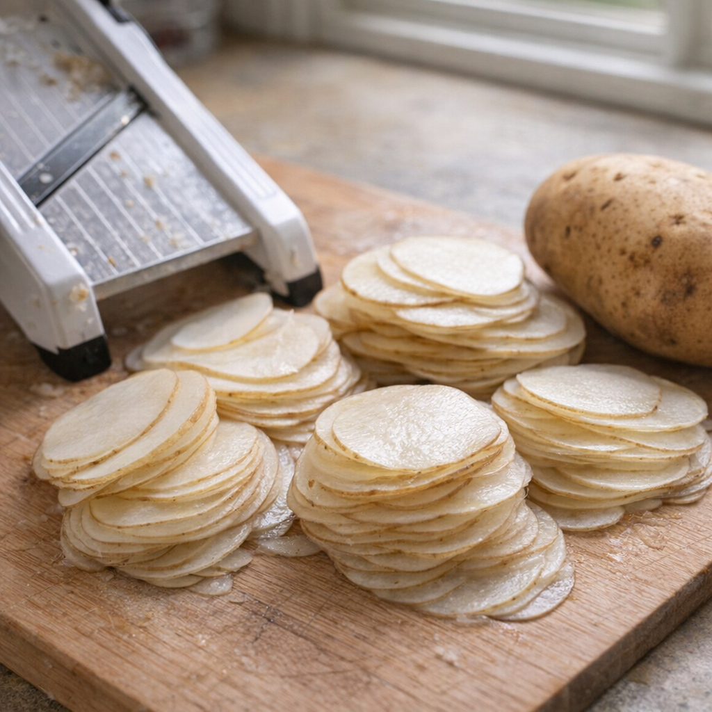 Mandoline-sliced russet potatoes stacked on a cutting board