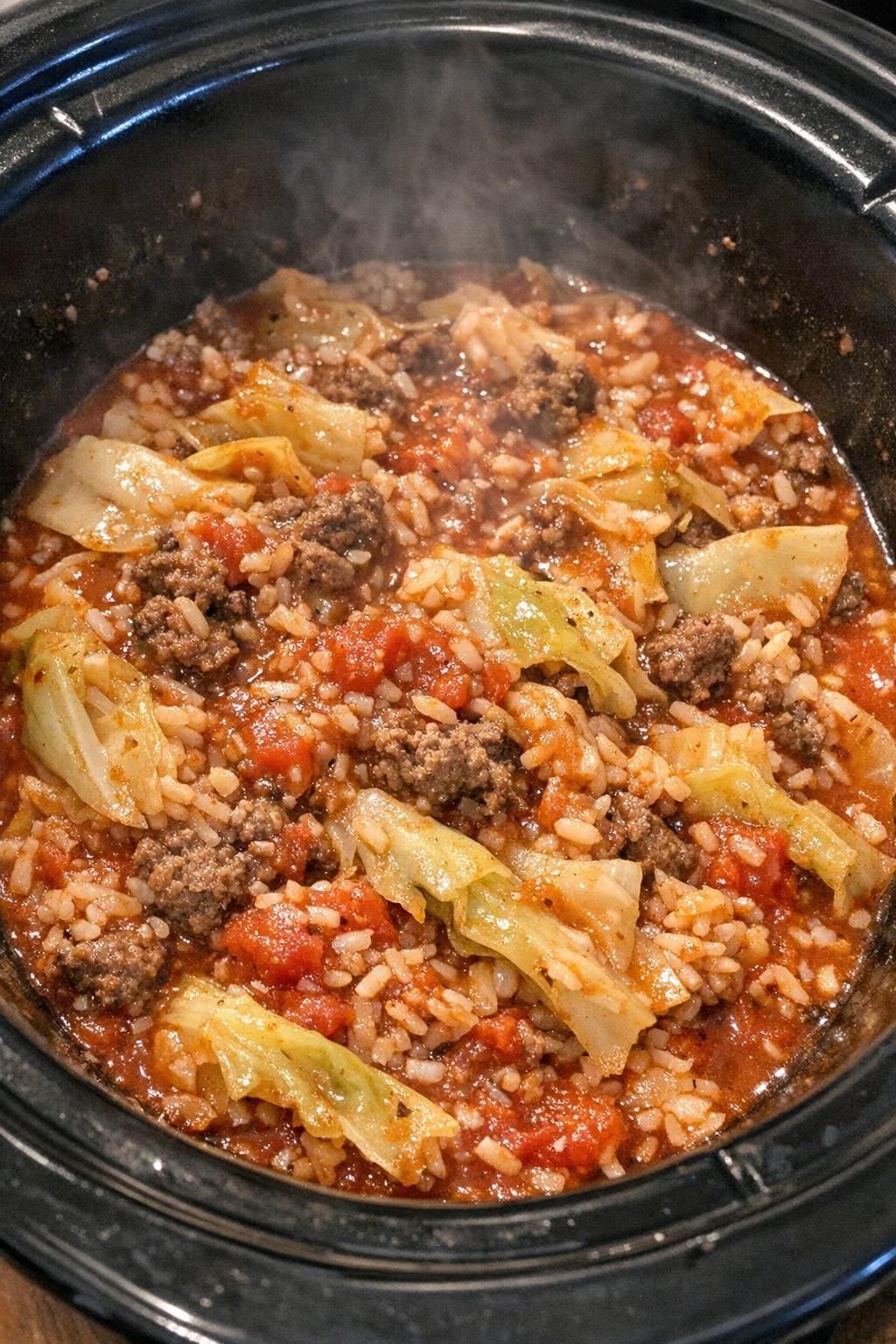 Close-up of a hearty tomato-based slow cooker meal in a black crock
