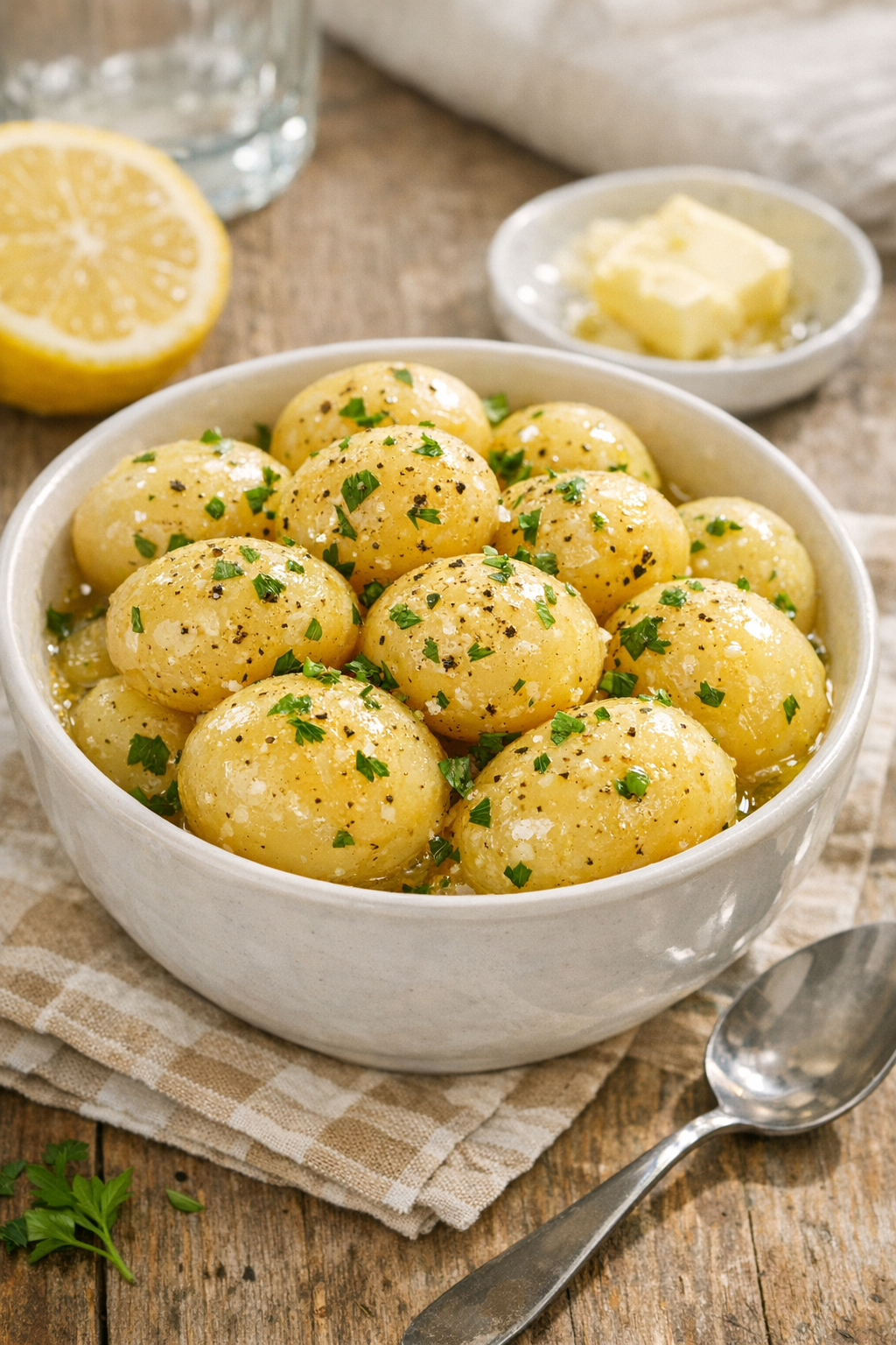 Finished lemon butter potatoes plated in a serving bowl