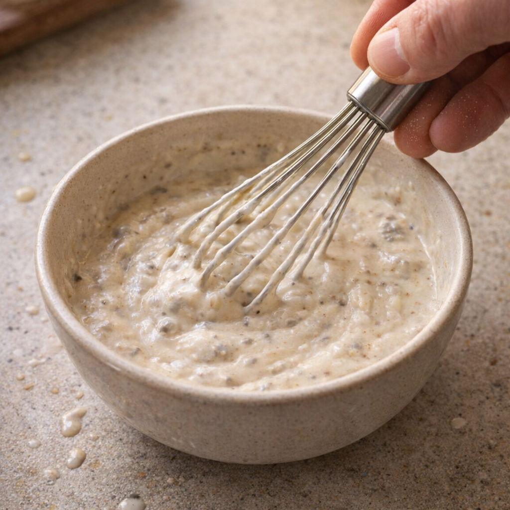 Cream soup and milk being whisked in a small bowl