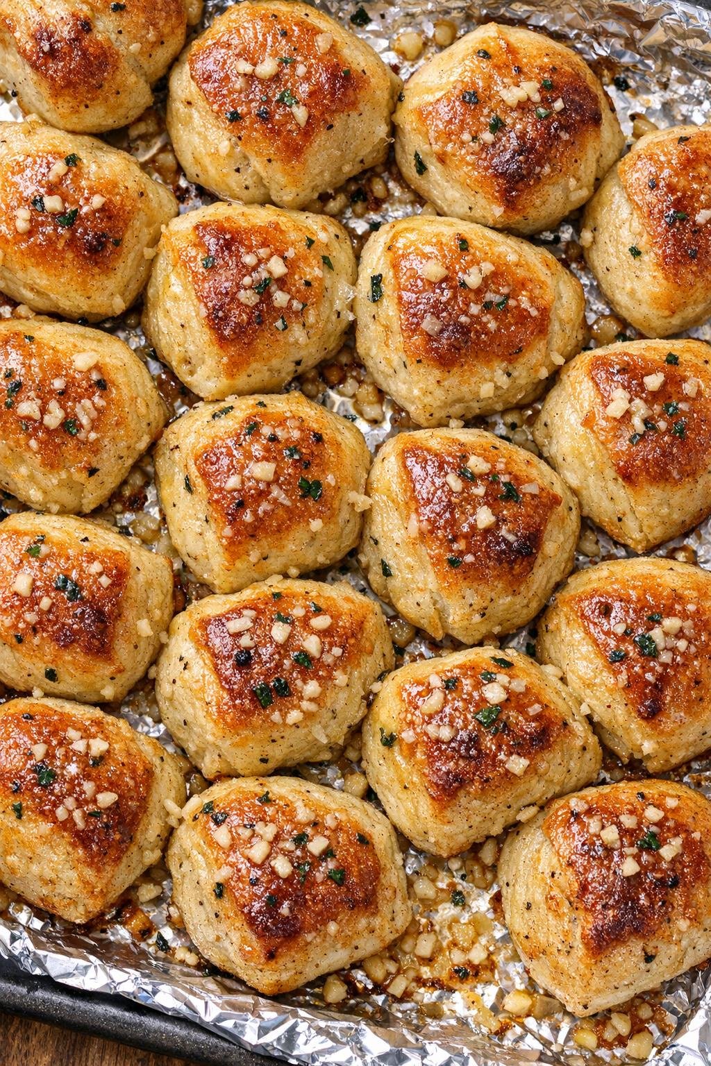 Southern 3-ingredient buttery garlic bites on a foil-lined baking tray