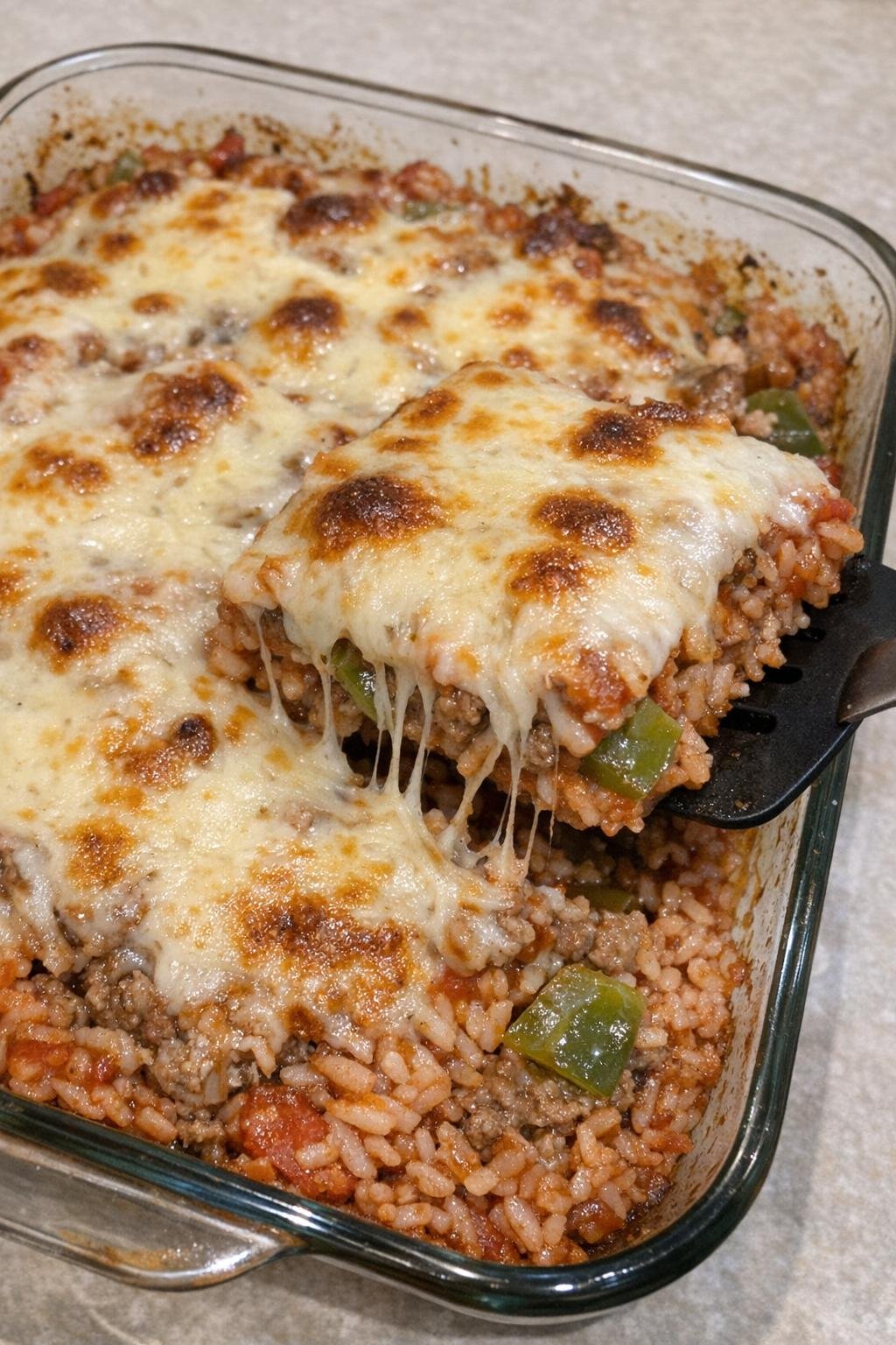 Finished unstuffed pepper casserole in a glass baking dish