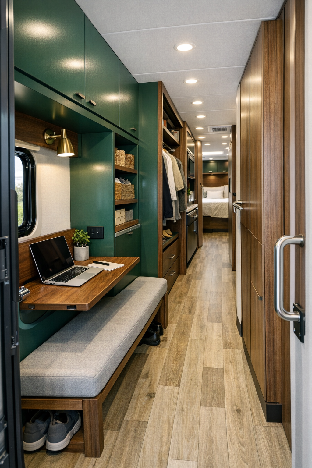 Accessible RV entry and corridor with emerald millwork, walnut details, and fold-out workstation