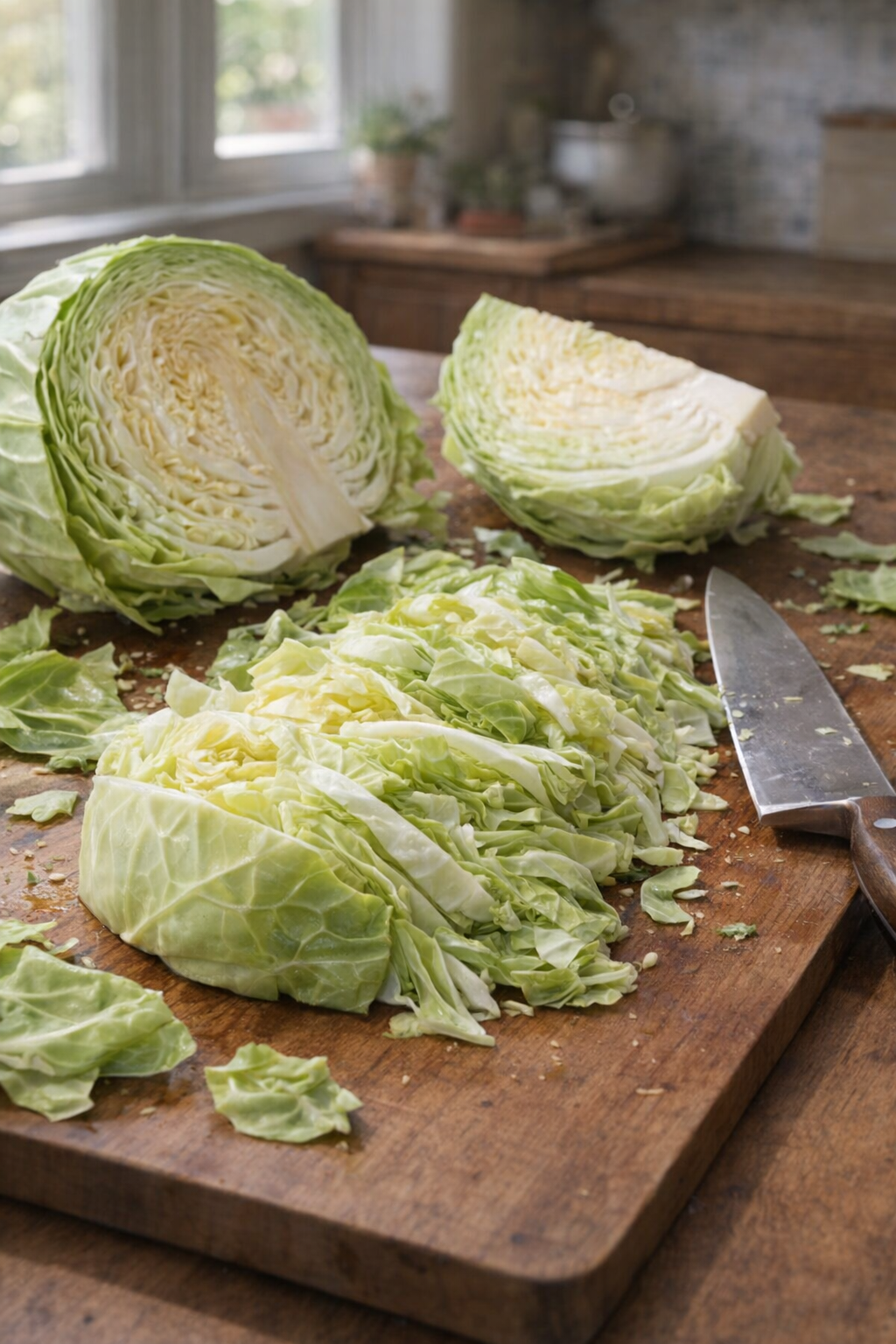 Sliced green cabbage ready for the slow cooker