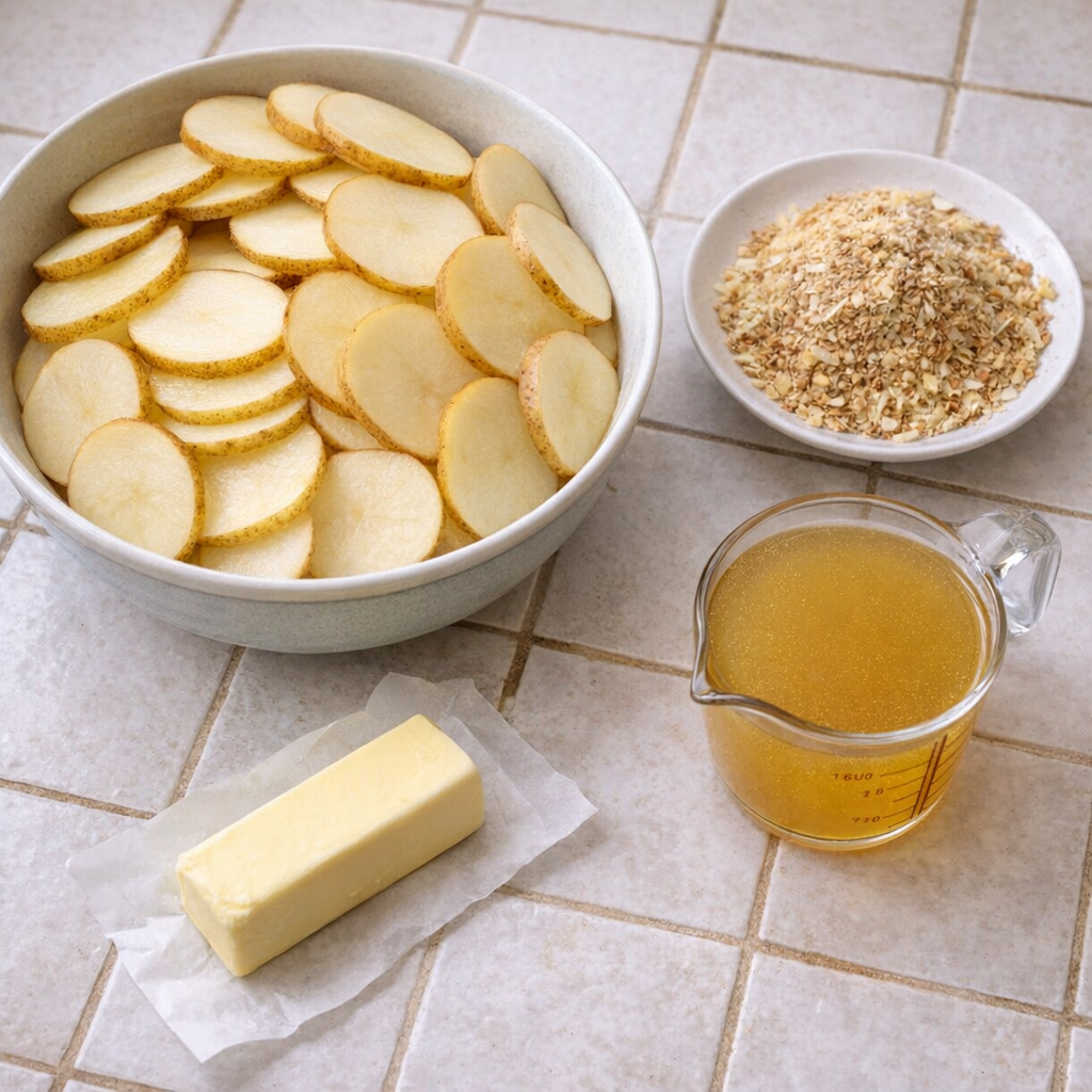 Sliced potatoes and onion soup mix on a farmhouse counter