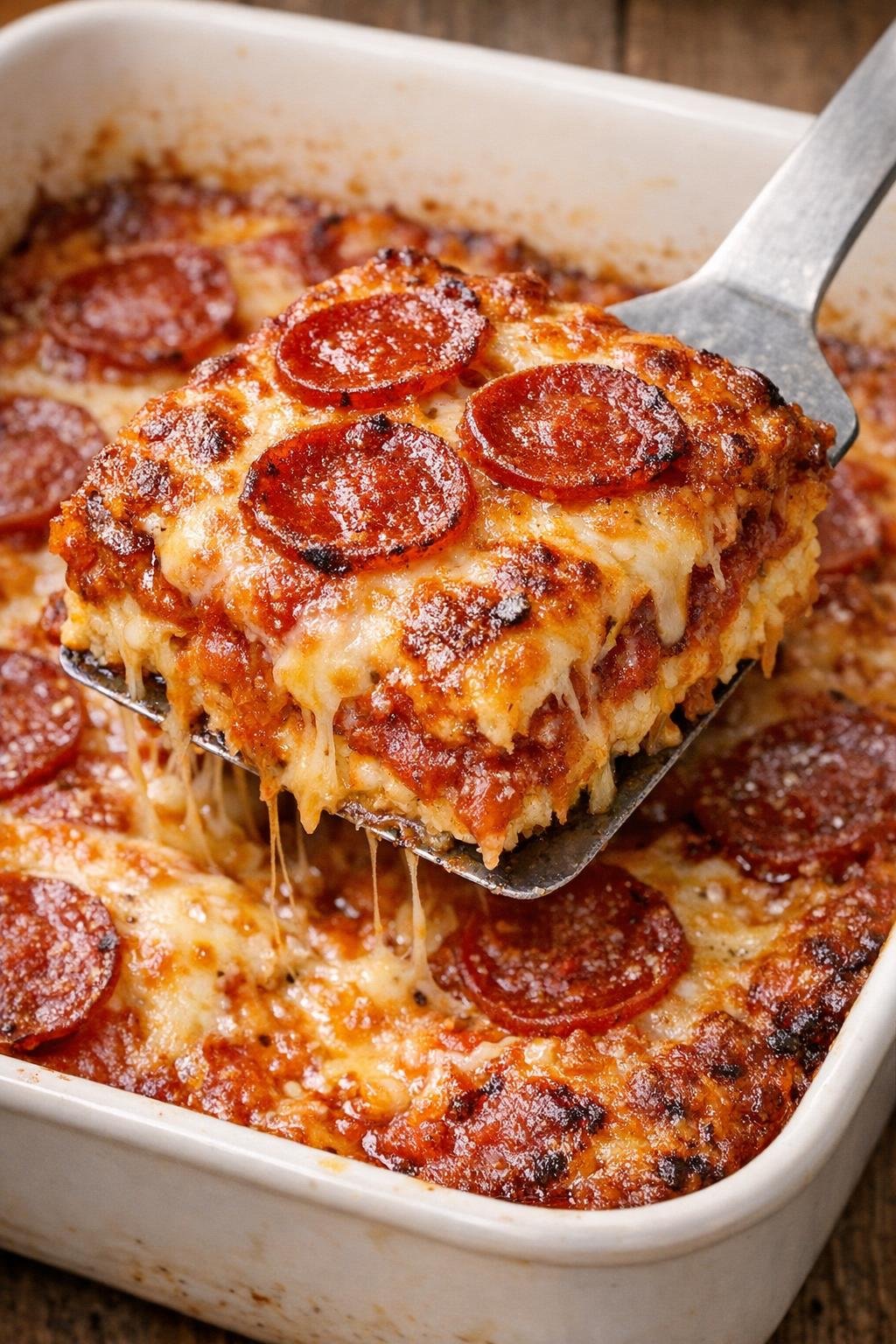 Low carb pepperoni Stratford bakes in a casserole dish