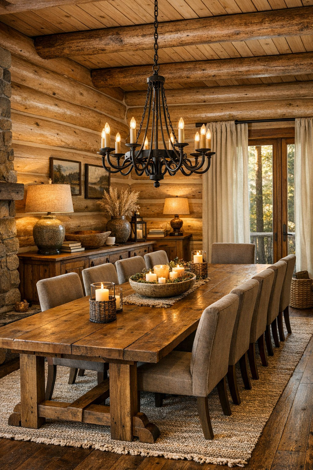 Rustic dining room with solid wood table and iron chandelier