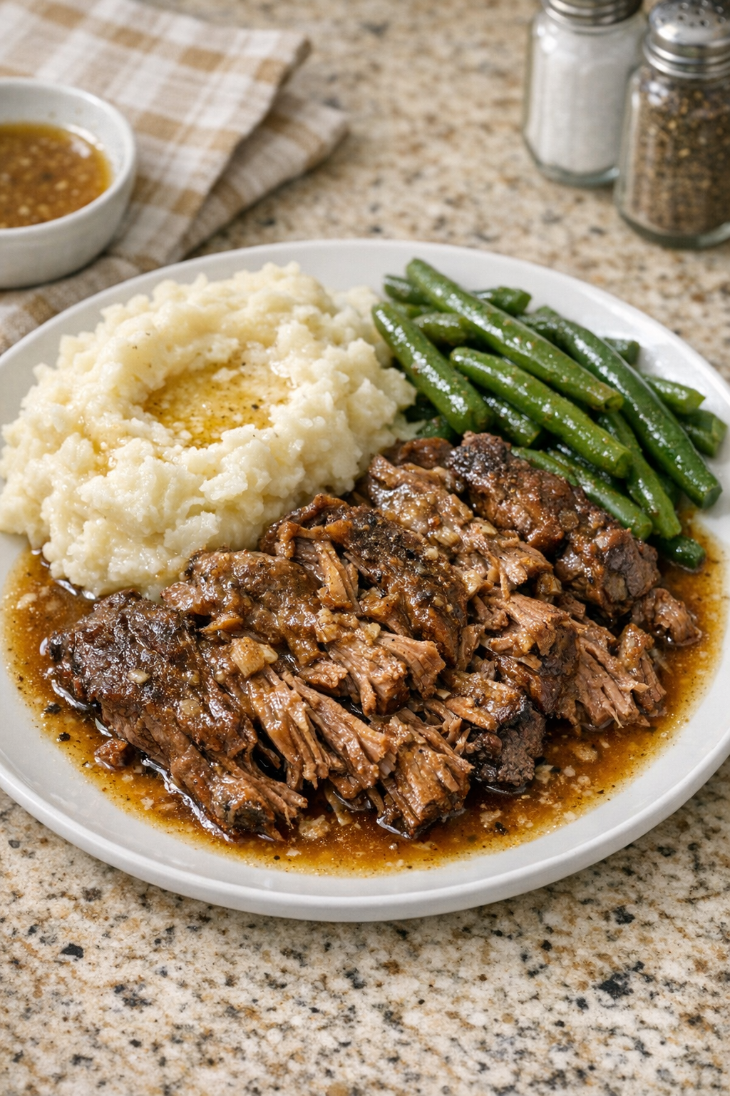 Finished Amish horseradish beef plated with pan juices