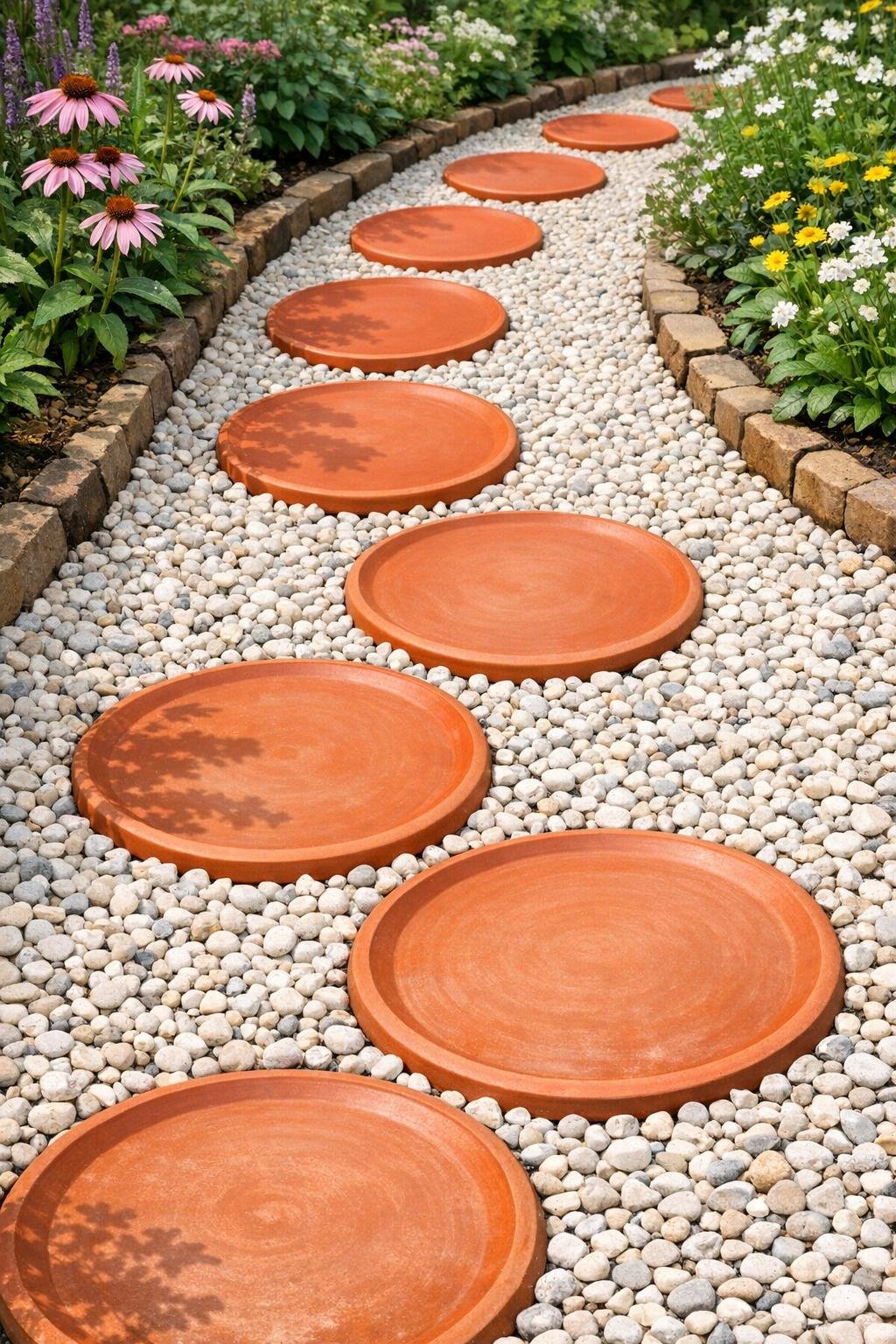 Finished garden walkway made from red terracotta saucers set into white pea gravel