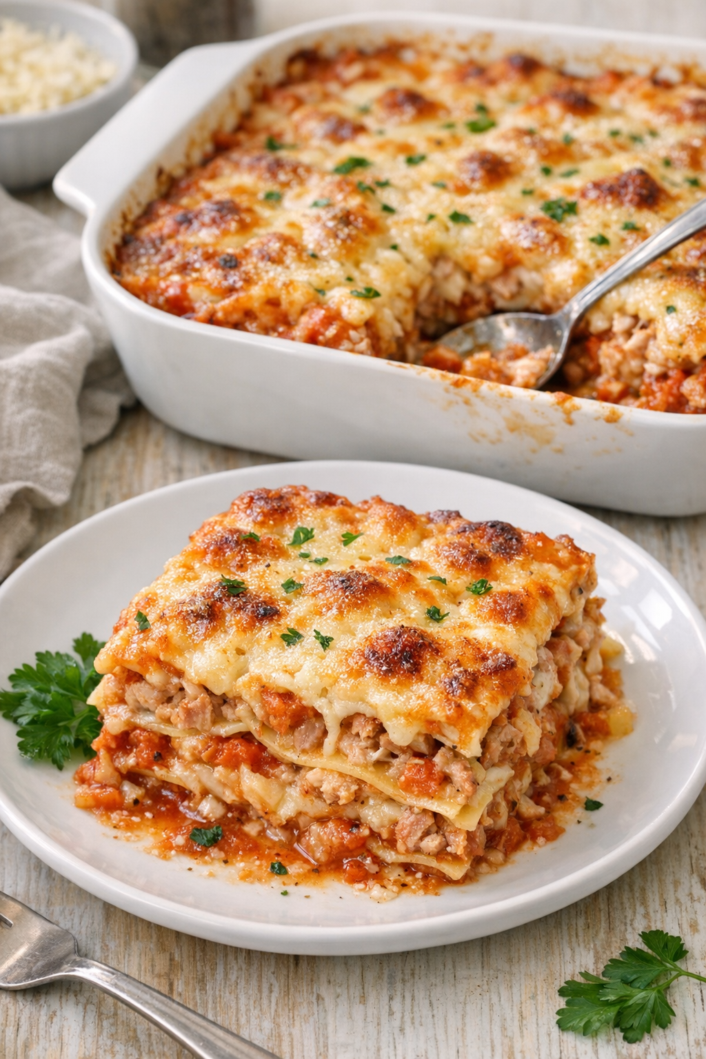 Finished tuna lasagna plated on a dinner plate