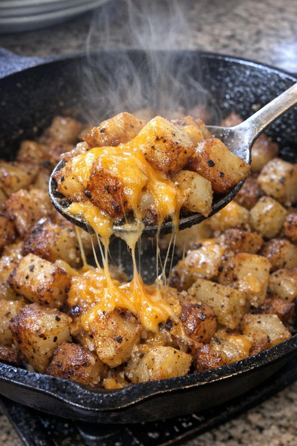 Crispy golden cubed potatoes in a cast iron skillet