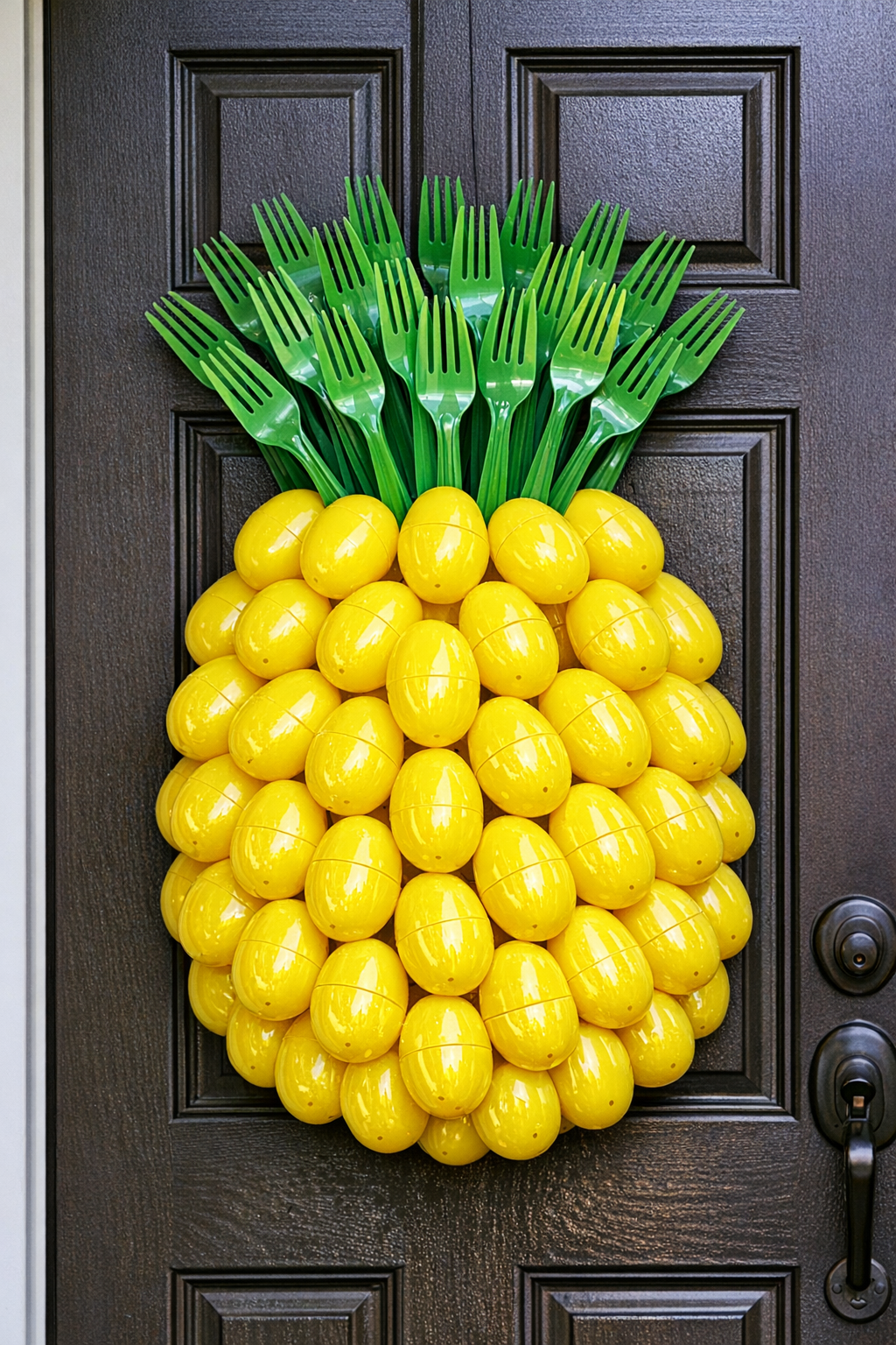 Finished giant pineapple front door hanger made from yellow plastic eggs and green plastic forks
