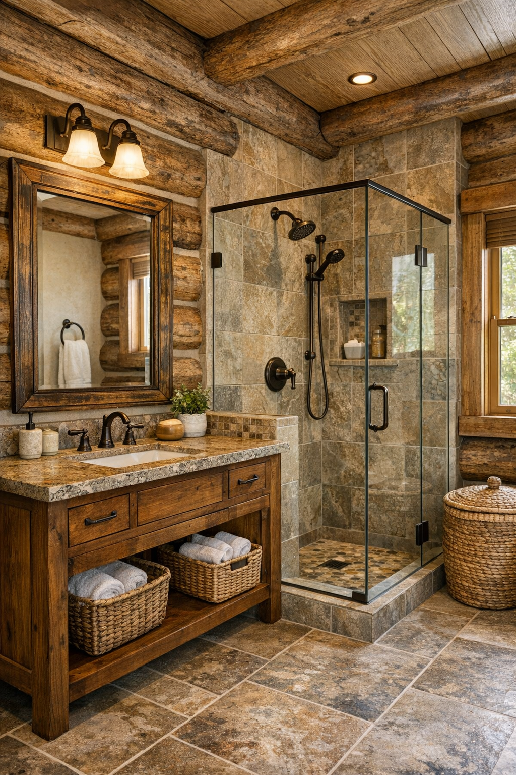 Bright rustic bathroom with a handcrafted vanity, stone surfaces, and simple warm finishes