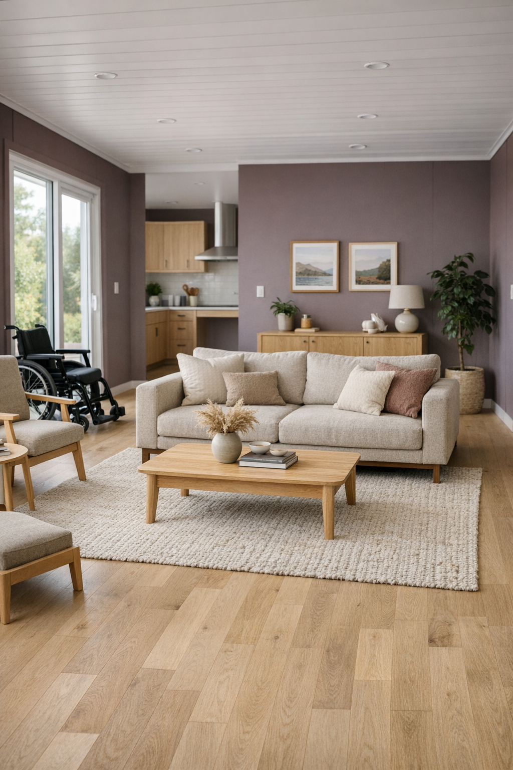 Accessible living room with soft neutral furnishings and muted plum accents