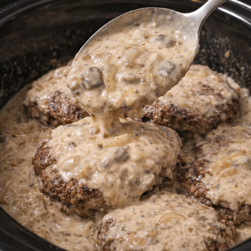 Creamy mushroom and onion mixture spooned over stacked beef patties