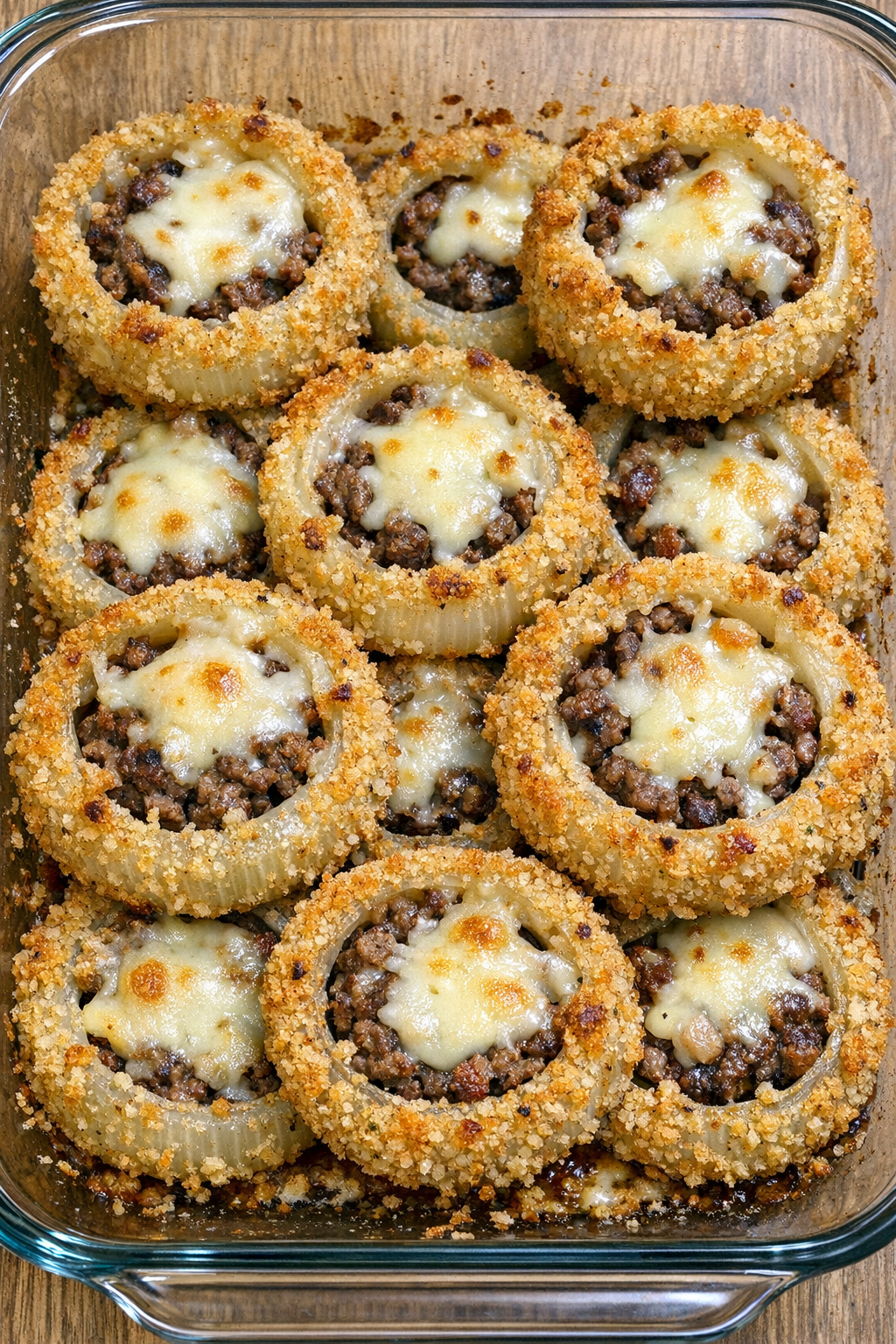 Close-up of baked beef stuffed onion rings
