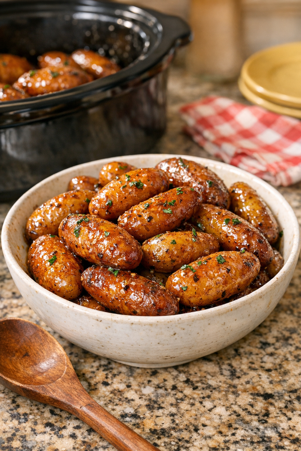 Finished glazed baby potatoes plated for serving